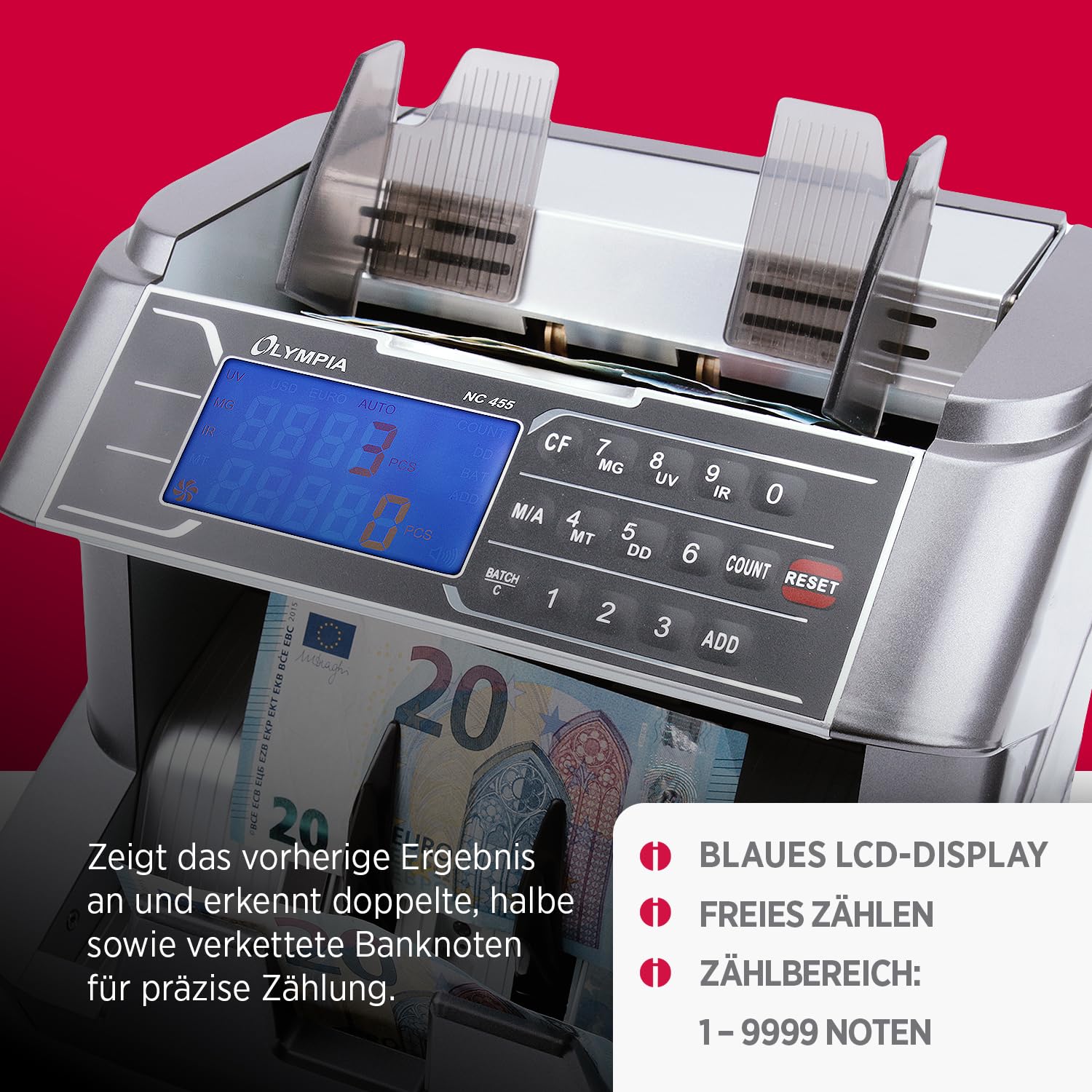 Olympia NC 570 geldtelmachine (voor biljetten, echtheidscontrole, gemengde bankbiljetten, LCD-display, geldteller-machine voor Euro, Dollar, pond enz., professionele bankbiljetteller met sorteermodus