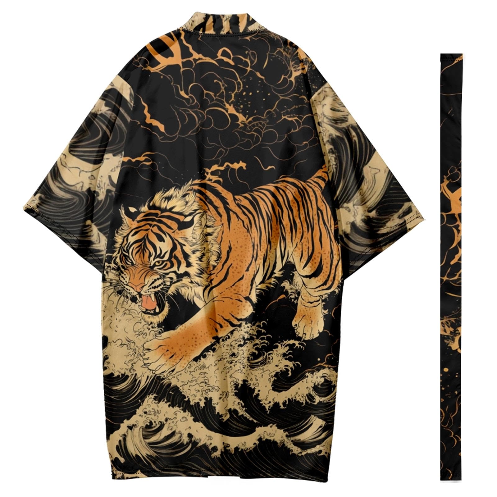 Dayket Men's Black Kimono Robe With Belt Tiger Printed Lightweight Open Front Cardigan Haori Jacket Coat Outwear,-M