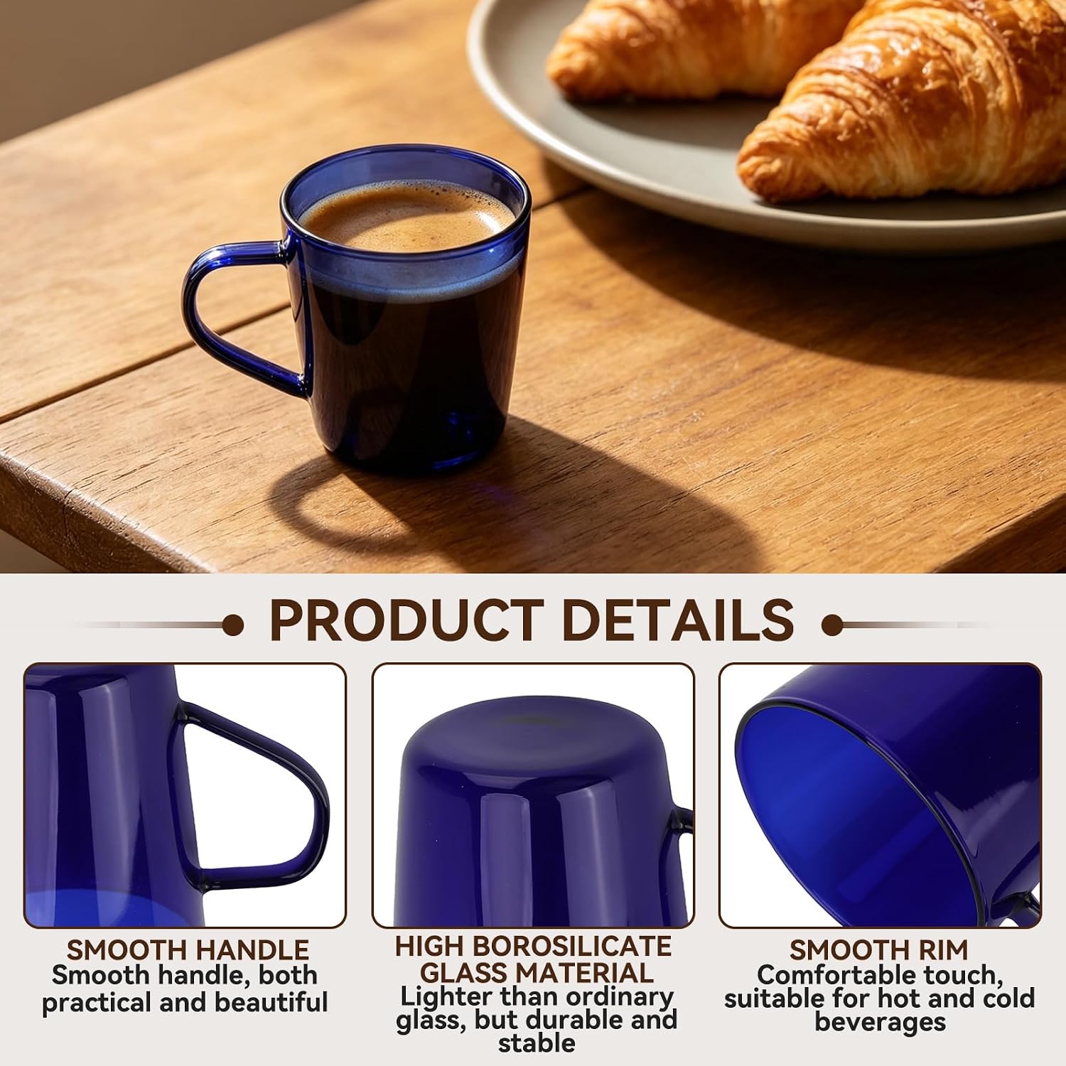 High Borosilicate Glass Coffee Mugs, 380ml/12.85oz Milk Cup with Handle, Insulated Espresso Mugs Heat Resistant Cup Tea Mug Milk Cup Coffee Cup for Kitchens Hotels Coffee Shops (Blue)