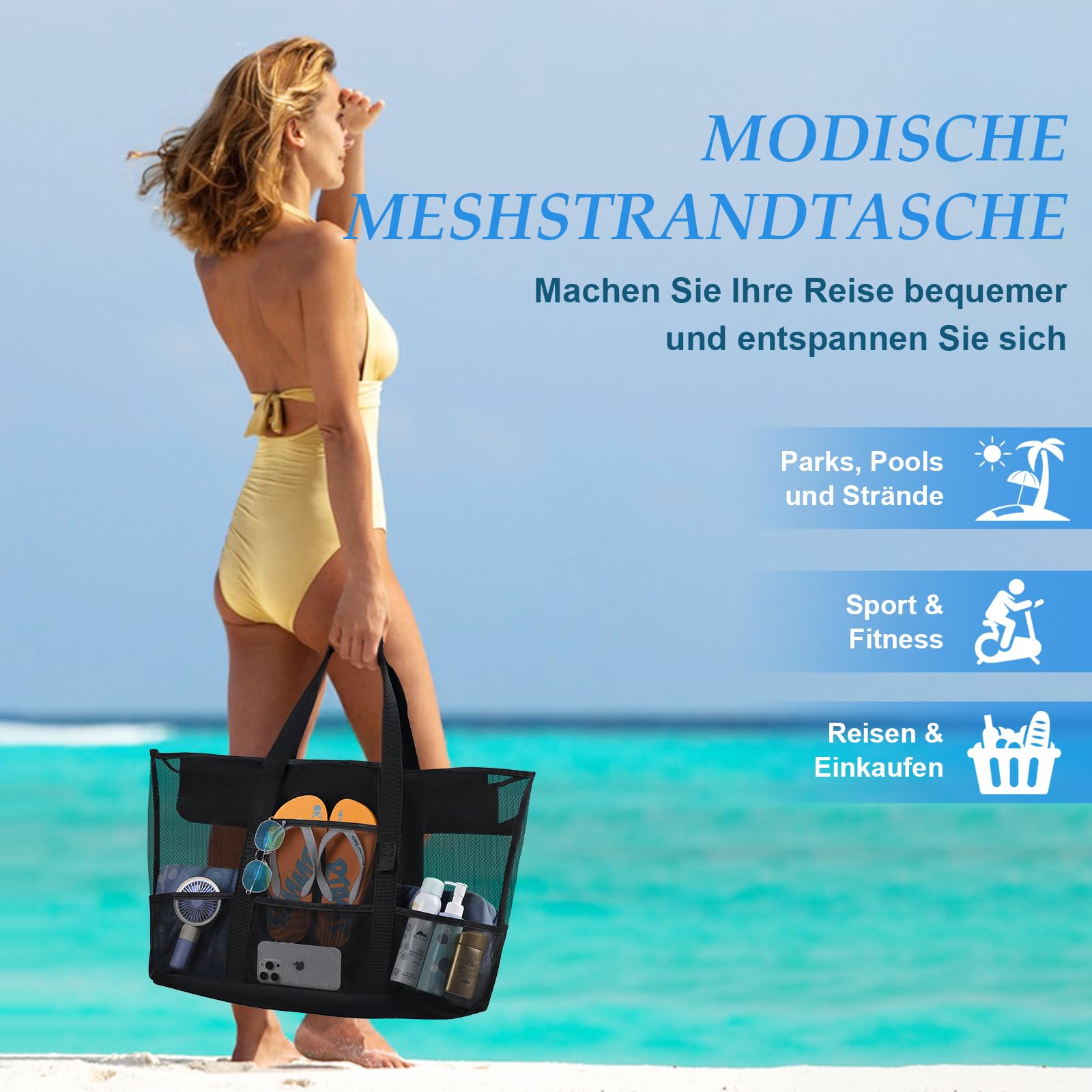 BBLIKE Torba plażowa w maille, duża torba plażowa xxl rodzinna, duża torba damska składane torby na ramię z wieloma kieszeniami na plażę, wakacje, zakupy i podróże, Czarny (Black), 70*20*40cm