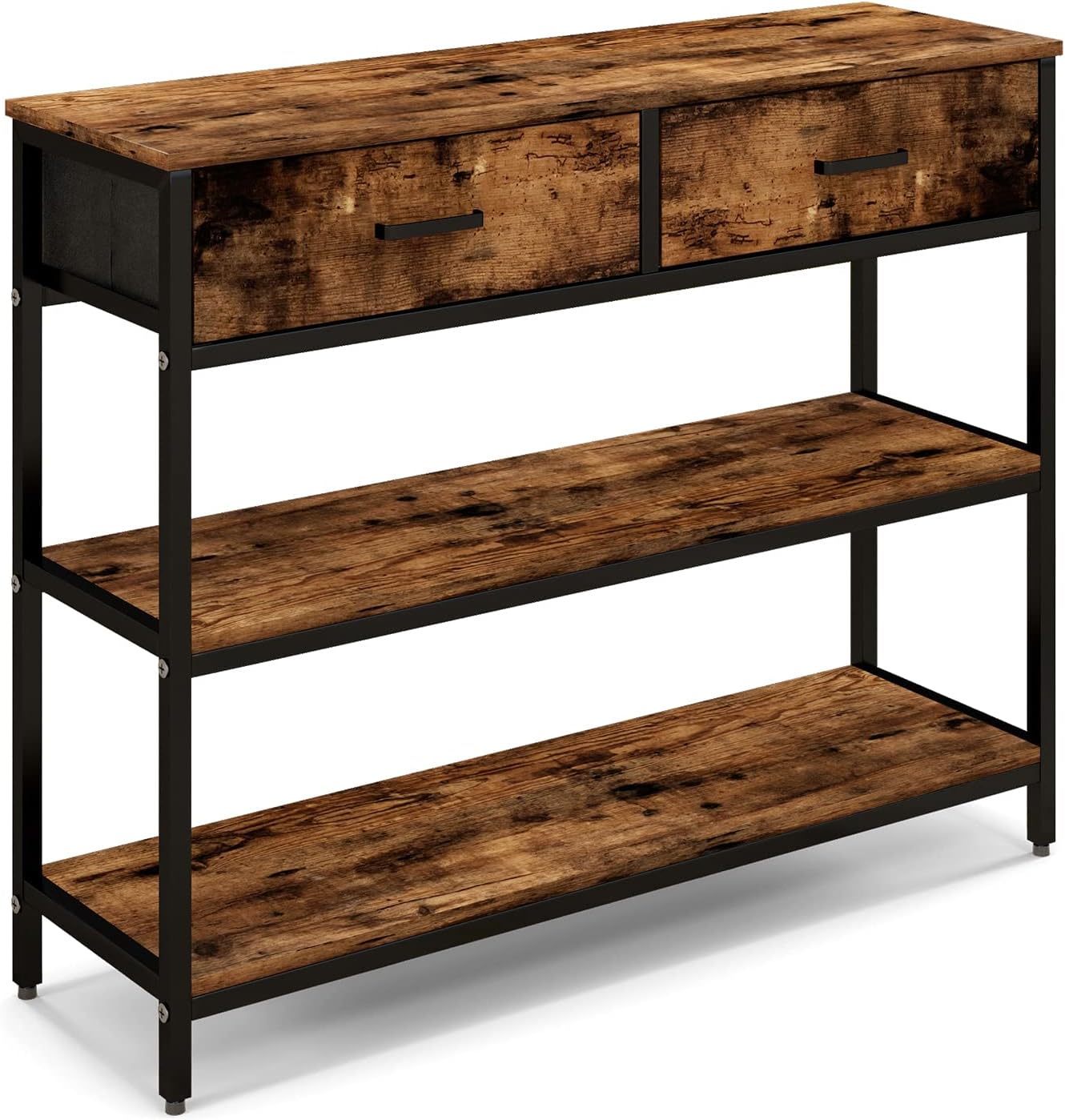 COSTWAY Console Table, Industrial Narrow Sofa Side Table Hall Desk with 2 Folding Drawers and Storage Shelves, Metal Frame Wooden Behind Couch Table Accent Foyer Table for Entryway Hallway Living Room