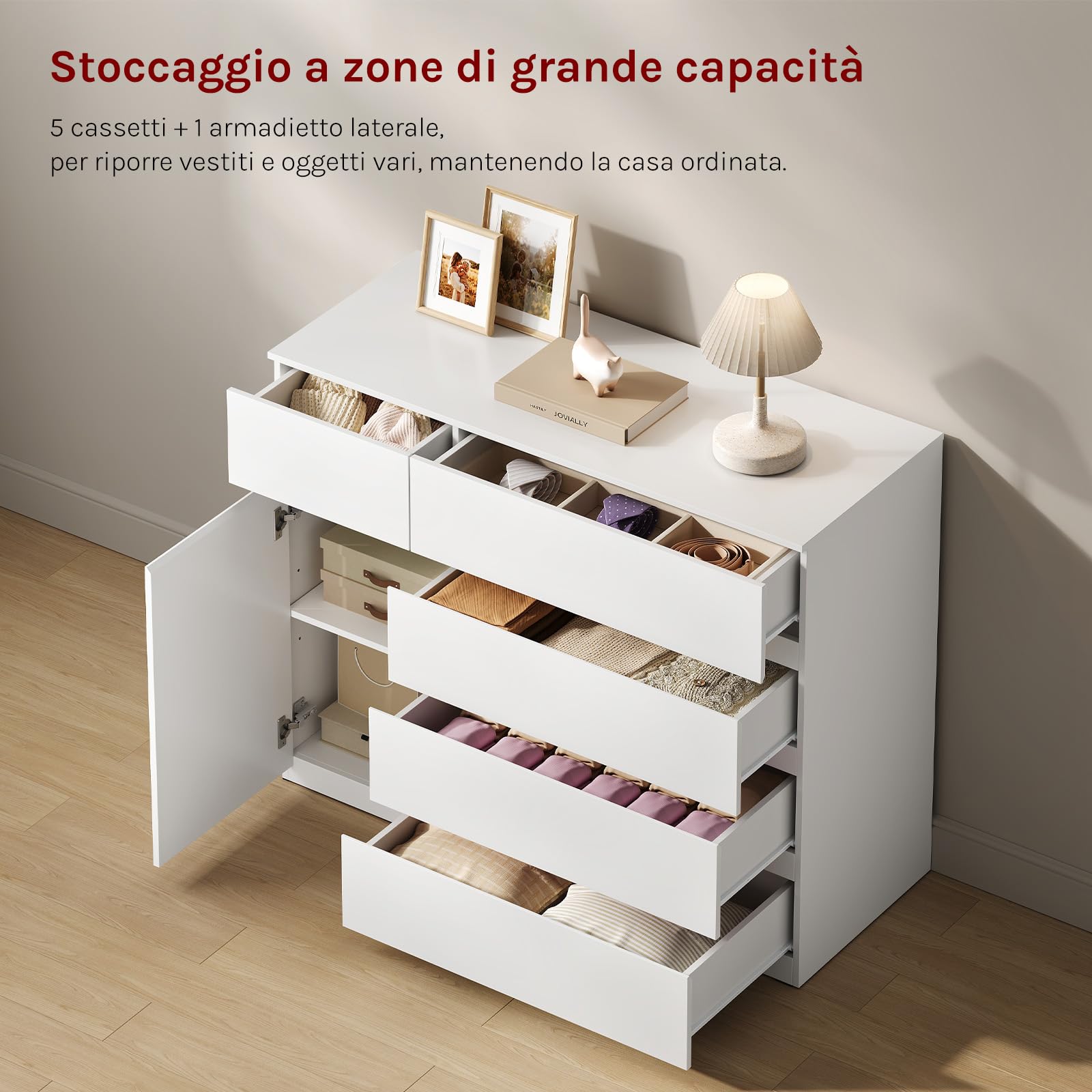 WOLTU Cassettiera Camera da Letto, Mobiletto Salvaspazio con 5 Cassetti e 1 Armadietto, Ripiano Regolabile, per Soggiorno, Ingresso, 100x40x80 cm, Bianco