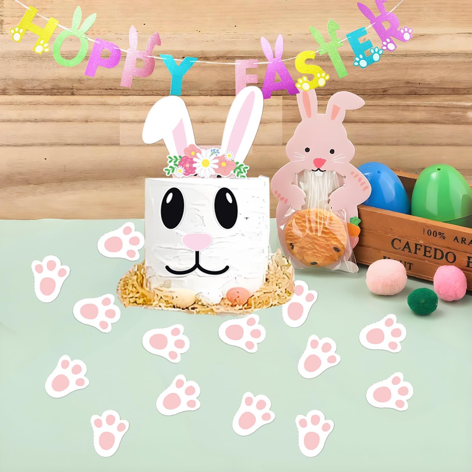 Easter Party Decorations, Glitter Bunny Hoppy Easter Banner, Spring Party Decorations Daisy Rabbit Carrot Cake Toppers for Home Office School Easter Party Ornaments Favors Supplies