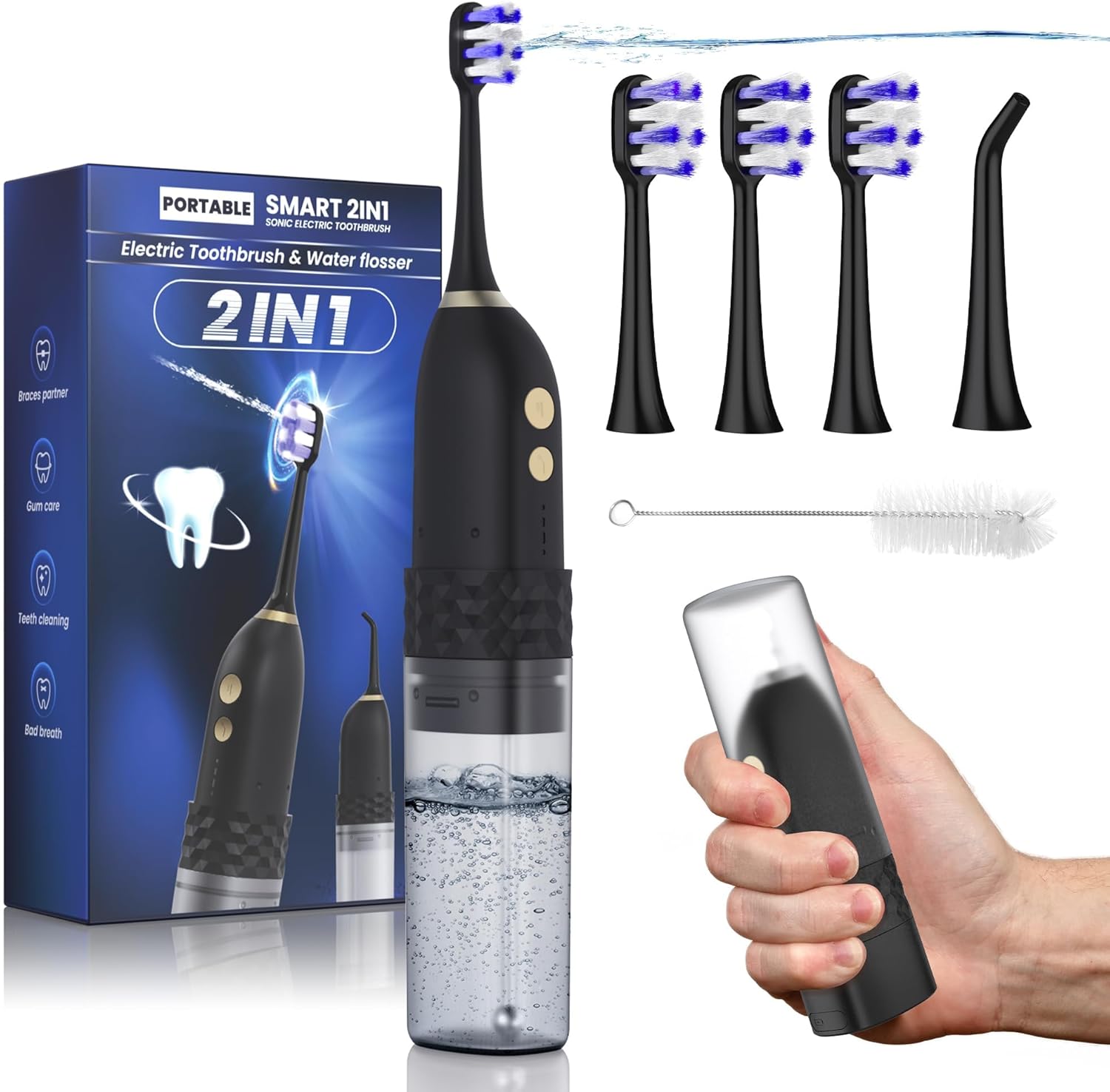 Electric Toothbrush with Water flosser, 2 in 1 Teeth Cleaning Kit, Toothbrush and Water flosser Combo, 25 - Day Battery, Travel Toothbrush with Water Bottle(Black)
