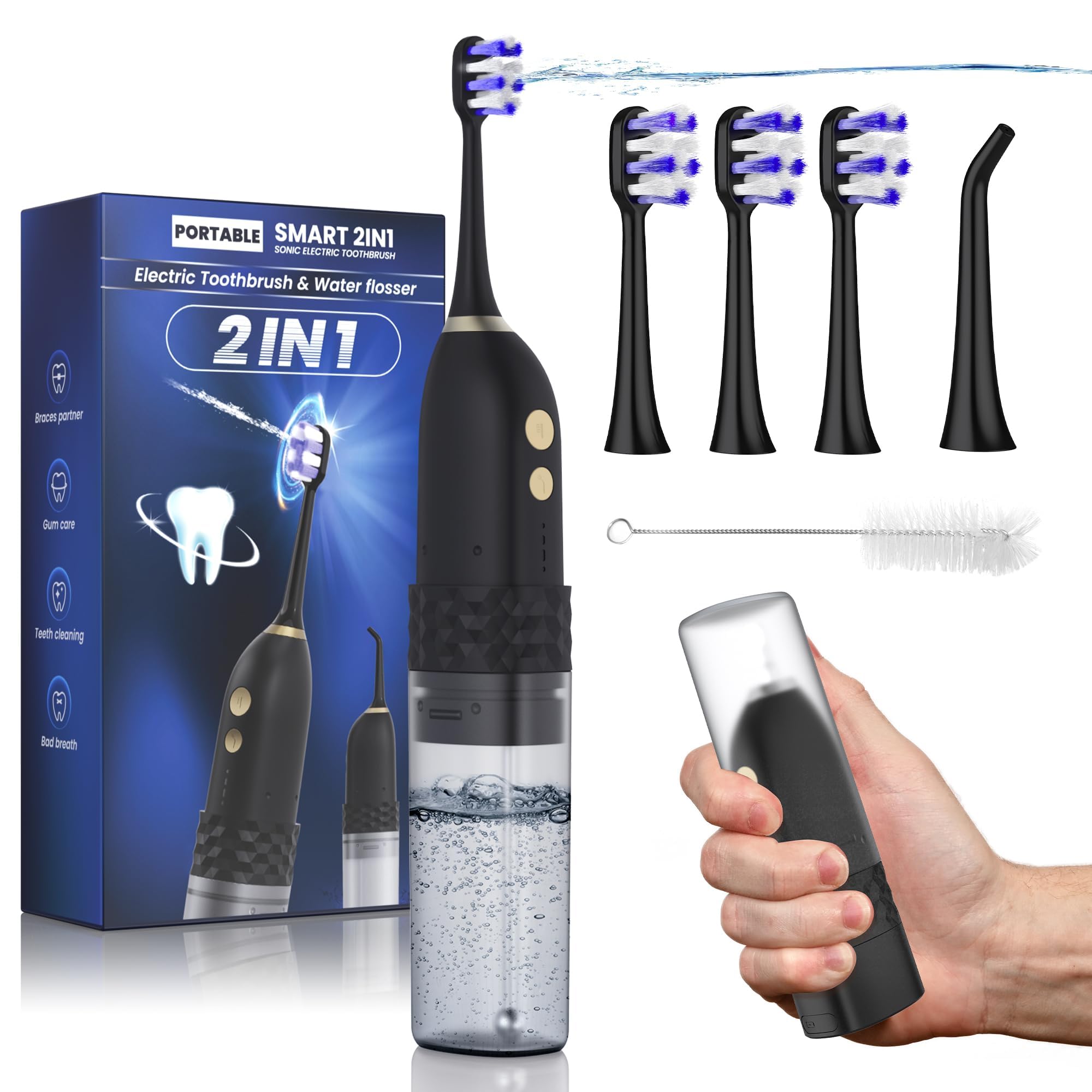 Spazzolino elettrico con filo interdentale, kit 2 in 1 per la pulizia dei denti, spazzolino da denti e filo interdentale, spazzolino da denti da viaggio con bottiglia d'acqua (nero)
