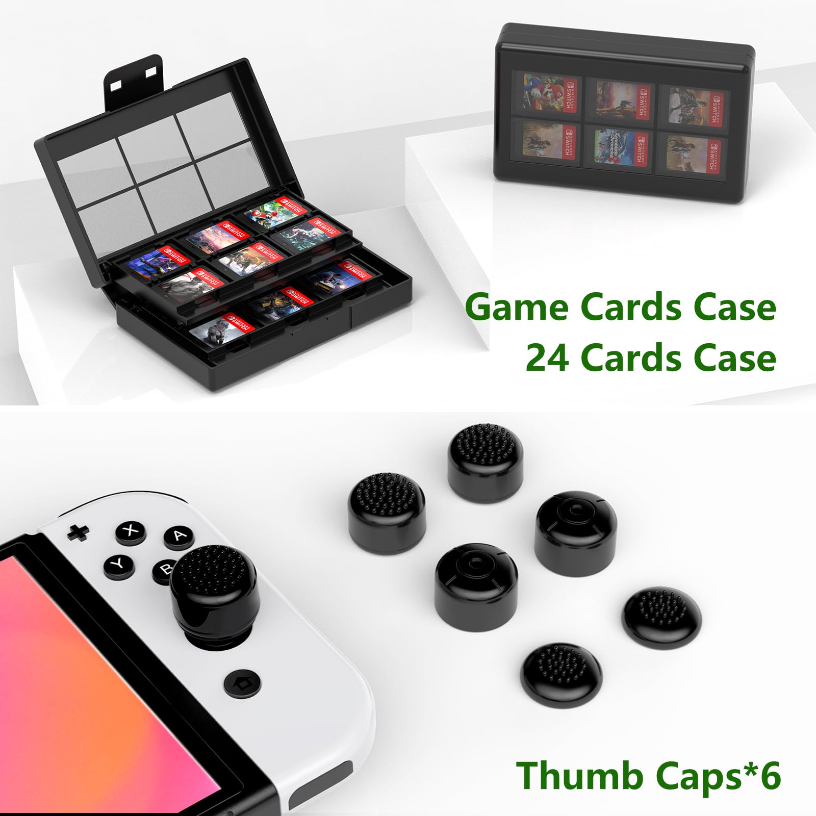 HEYSTOP Accesorios Funda para Nintendo Switch OLED, 27 EN 1 Carcasa Kits Incluye Estuche Protector para Switch OLED, Vidrio Templado, Volante JoyCon,Grip Joycon,Tapas Pulgar,Base de Carga - Negro