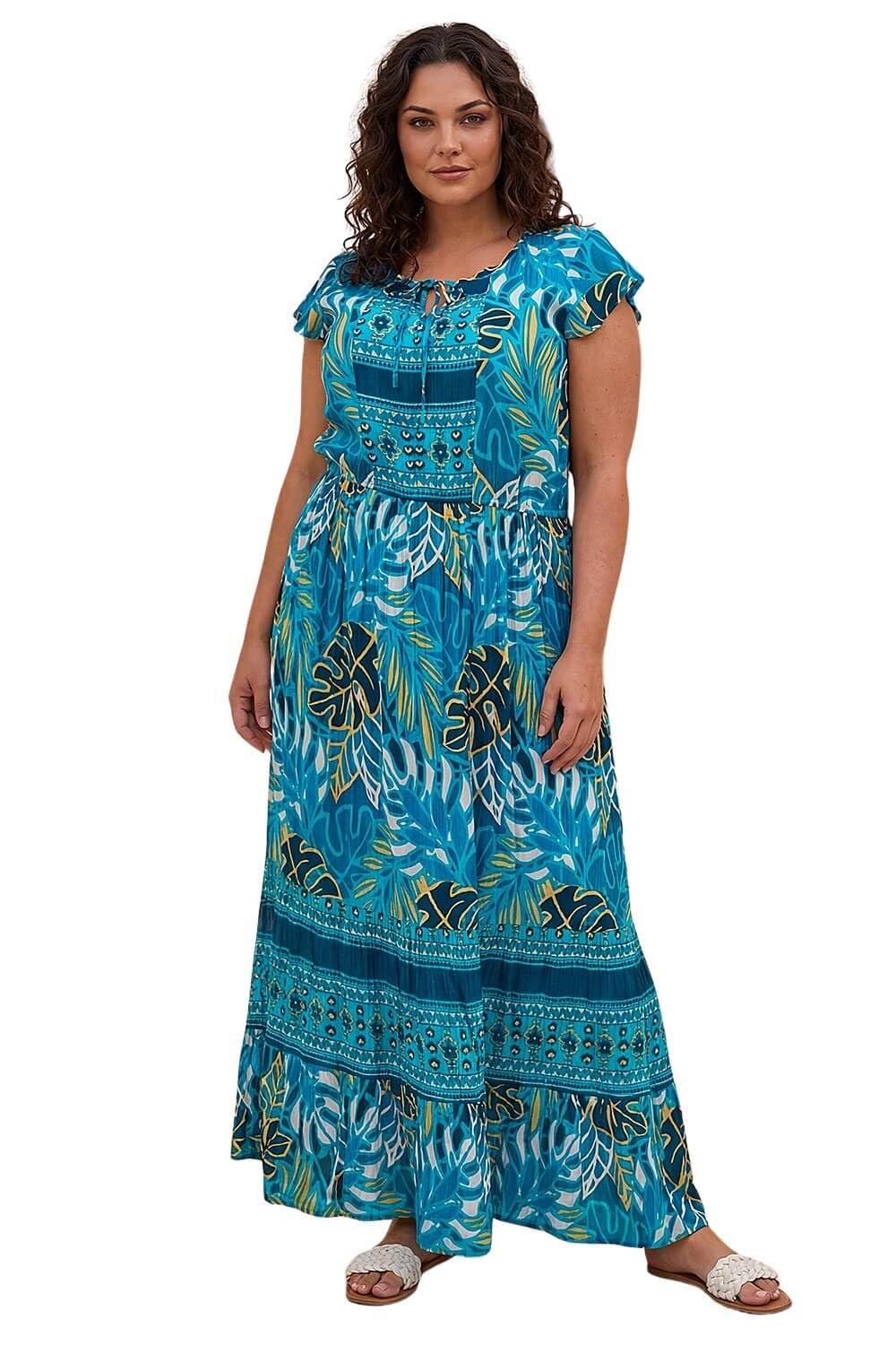 Roman Women's Blue Curve Tropical Tie Neck Dress In | : Size 20