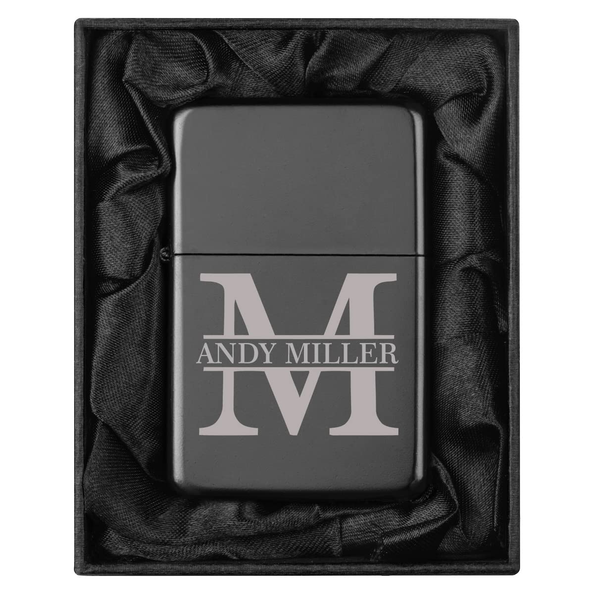 Custom Personalized Engraved Lighter in Black Silk Lined Gift Box (Block Initial, Black)