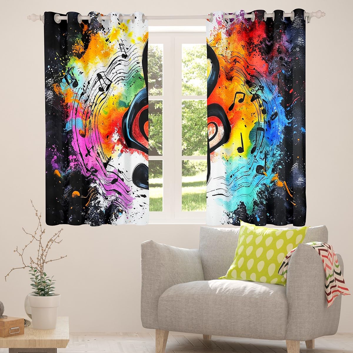 Cortinas de ventana para niños, diseño de graffiti teñido anudado, moderno, para niños y niñas, tema de música hip pop, rock, negro, blanco, tratamiento de ventana, juego de 2 paneles con