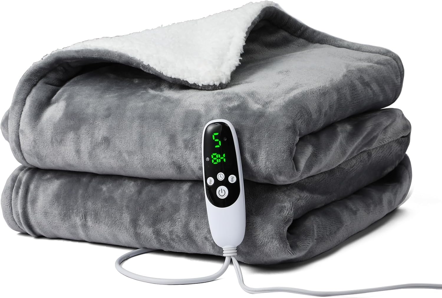 Flannel Sherpa Electric Throw, Heated Blanket with 9 Heat & 12 Timer Settings, Auto Shut-Off & Overheat Protection, Machine Washable, ETL Certified, 50x60 in, Gray