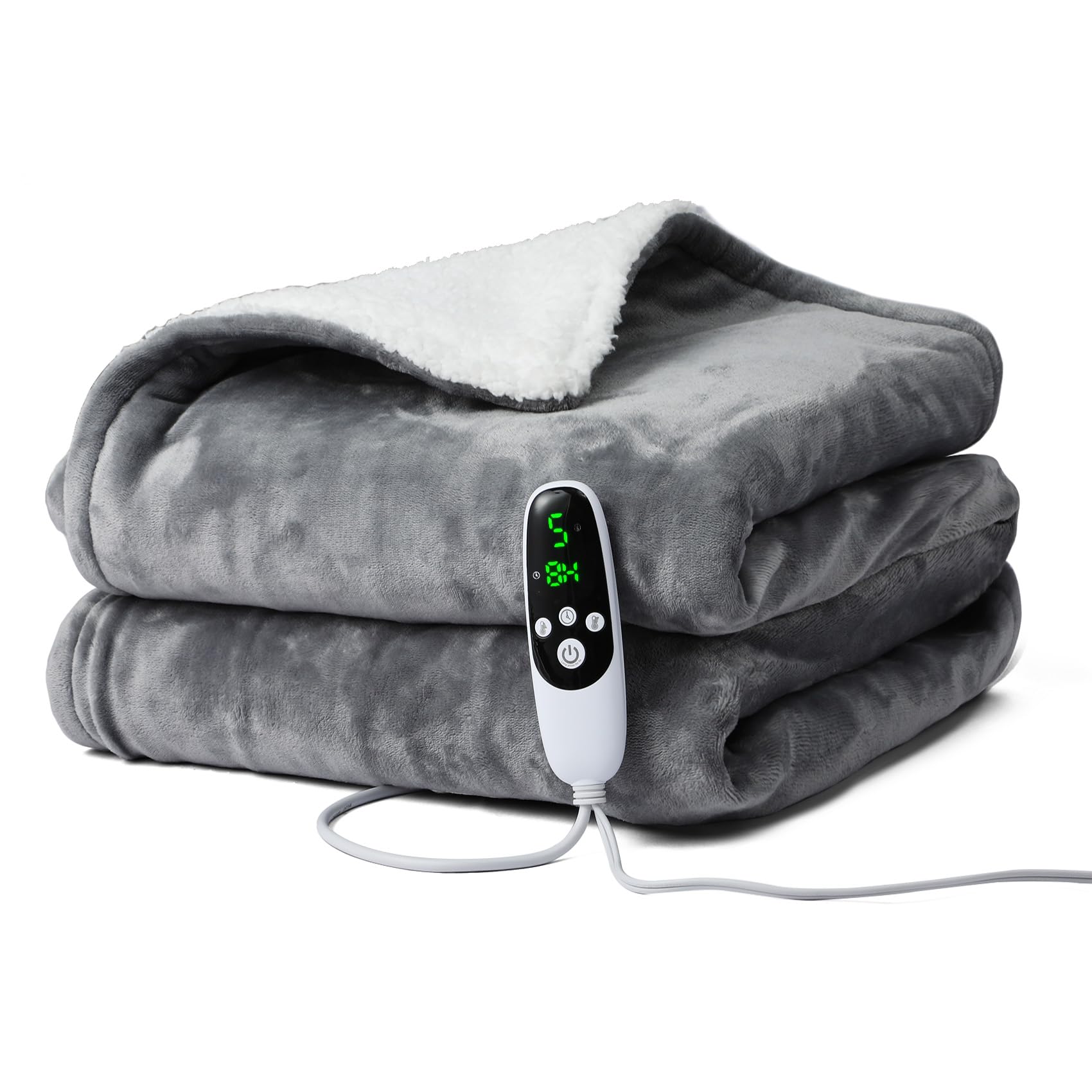 Flannel Sherpa Electric Throw, Heated Blanket with 9 Heat & 12 Timer Settings, Auto Shut-Off & Overheat Protection, Machine Washable, ETL Certified, 50x60 in, Gray