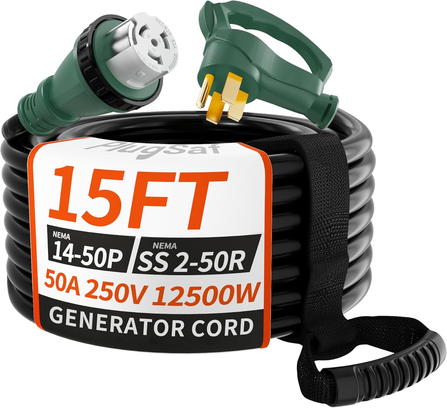 50 Amp Generator Cord, 15FT 50 Amp RV Extension Cord with Twist Lock, Generator Cable 50A 4 Prong Green, NEMA 14-50P/SS2-50R Heavy Duty STW Wire for RV Camper & House