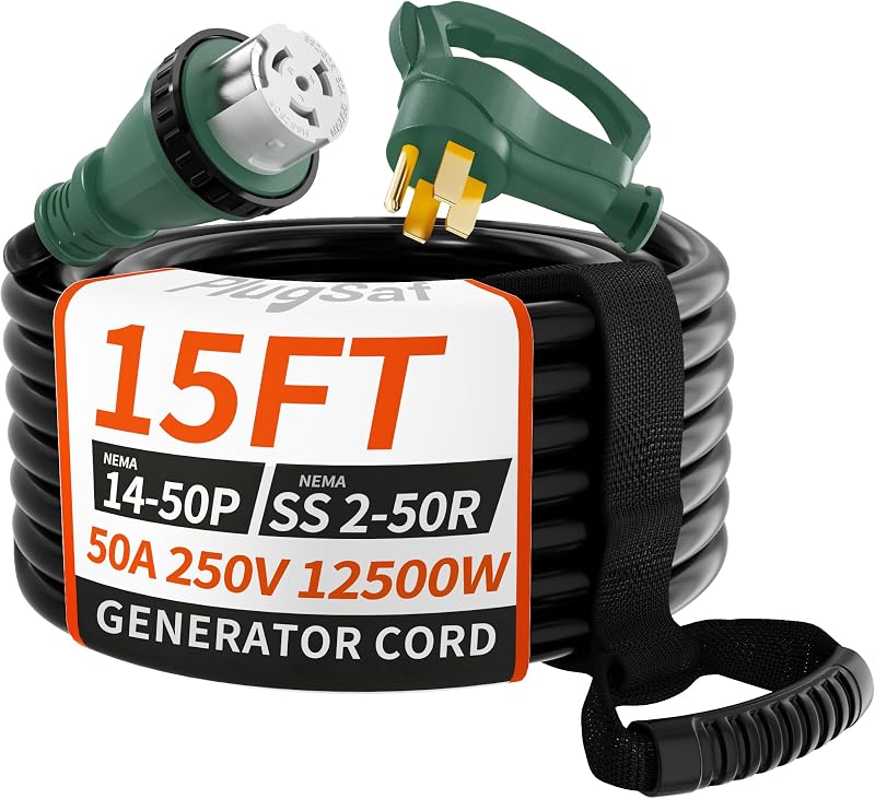 50 Amp Generator Cord, 15FT 50 Amp RV Extension Cord 14-50P/SS2-50R | 15 FT NEMA 14-50P/SS2-50R 50 Amp RV Cord 4 Prong Green with Twist Lock, Heavy Duty STW 50A Generator Cord RV Camper & House