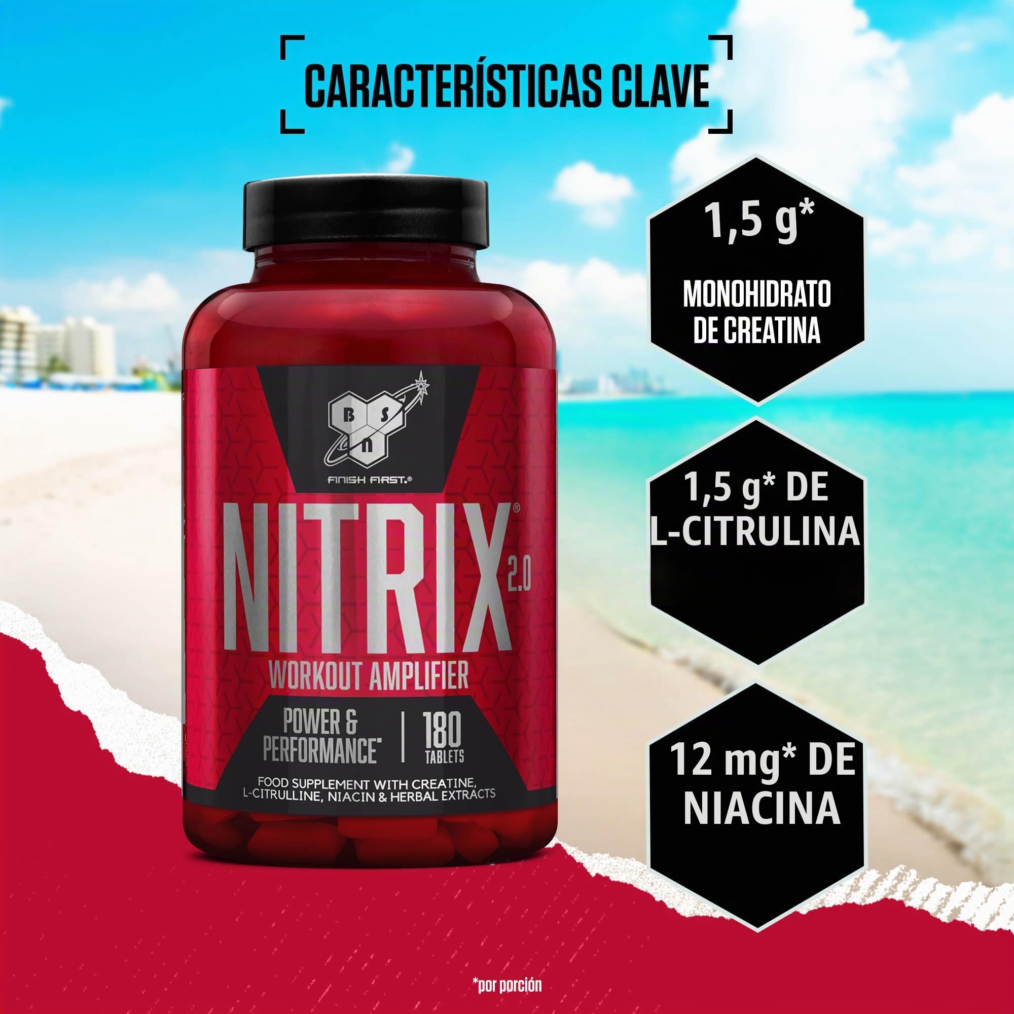 BSN Nitrix 2.0 Suplemento Alimenticio, Precursor de Óxido Nítrico, Comprimidos de Fórmula Concentrada con Aminoácido L-Citrulina, Niacina y Pimienta Negra, Sin Sabor, 180 Cápsulas, 60 Porciones