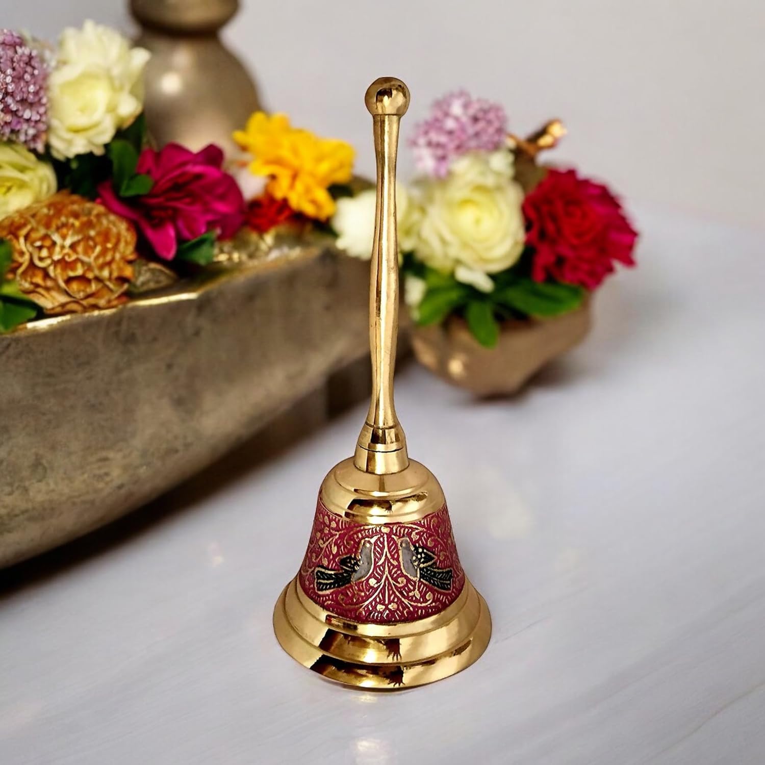 Akanksha Arts Brass Made Pooja Bell, Engraved Meenakari Work - 6" inch Tall, Lovely red Colour 1