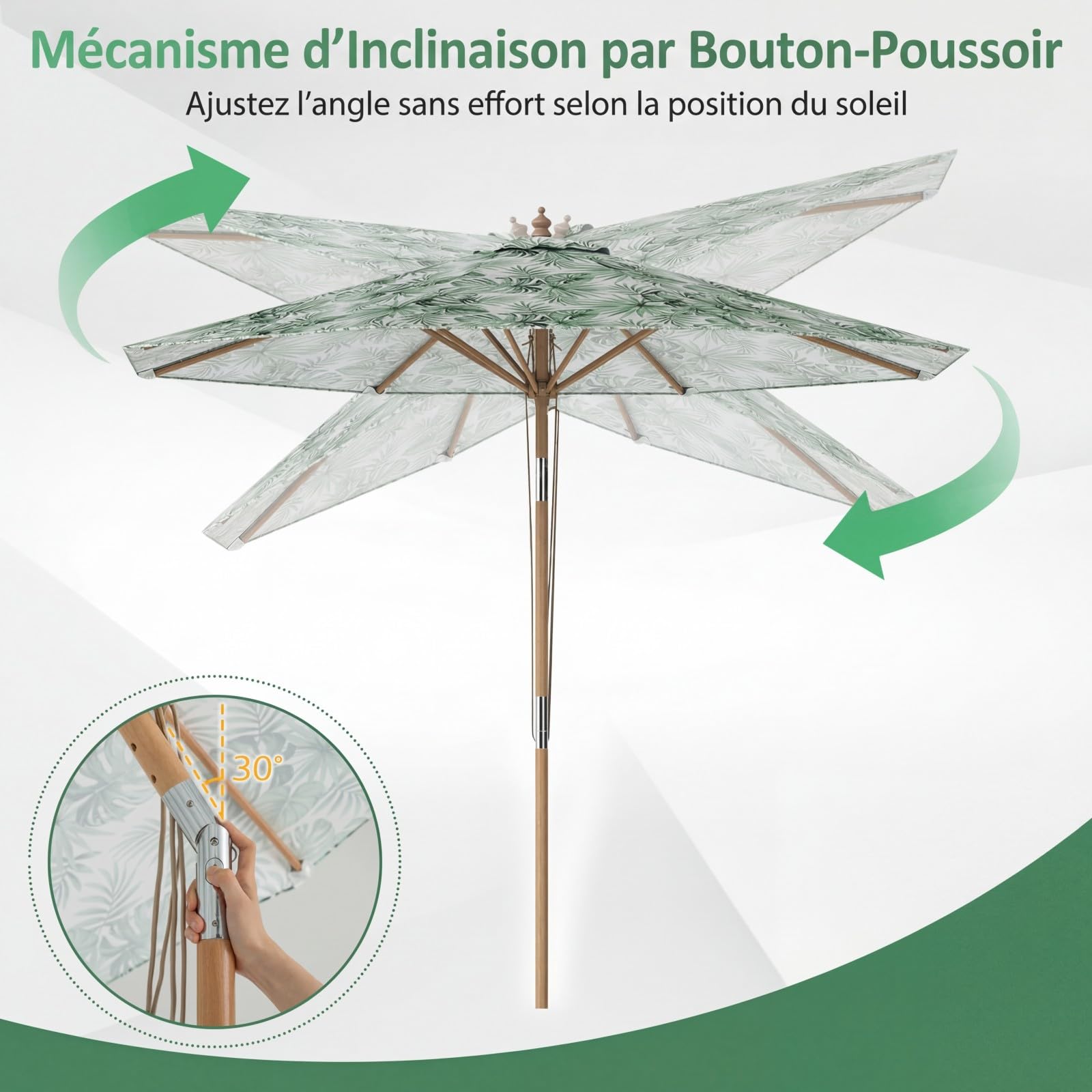 COSTWAY Parasol de Jardin Extérieur Φ270 CM, Parasol de Plage Inclinable sans Pied, 3 Hauteurs Réglables, 8 Baleines, Poteau en Bois, Toit Ventilé, pour Cour, Piscine, Terrasse, Balcon, Vert