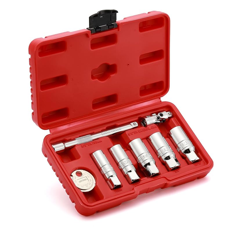 Kit de soquetes para velas de ignição AIRTOON com encaixe de 9,5 mm (3/8 pol.), calibrador, junta universal e extensão, SAE e métrico, 8 peças