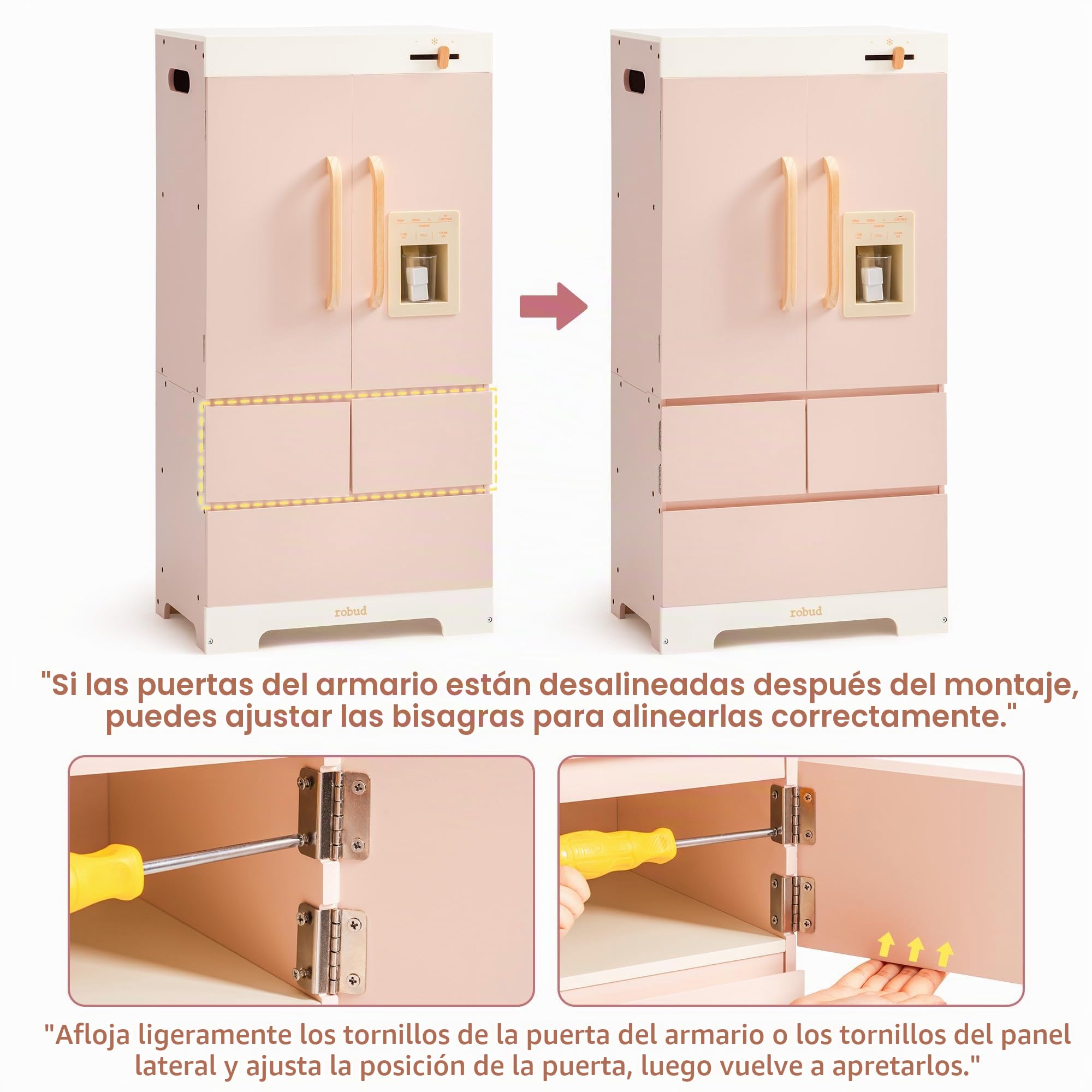 ROBUD Frigorífico de Madera - Realista e Interactivo con máquina de Hielo y Juguetes alimenticios - Apto para niños a Partir de 3 años - Rosa
