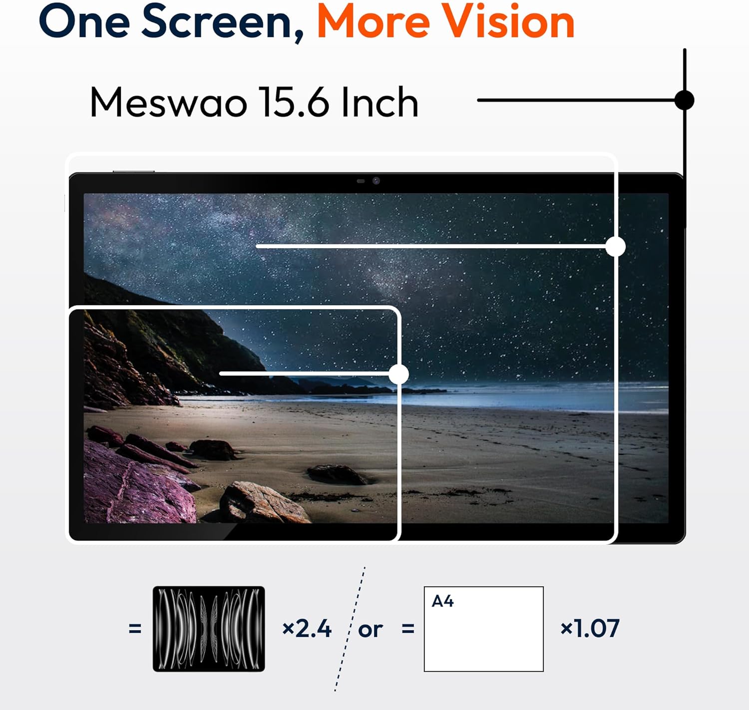 Visual comparison illustrating the large 15.6-inch display size of the MESWAO tablet relative to a standard A4 paper and a smaller tablet.
