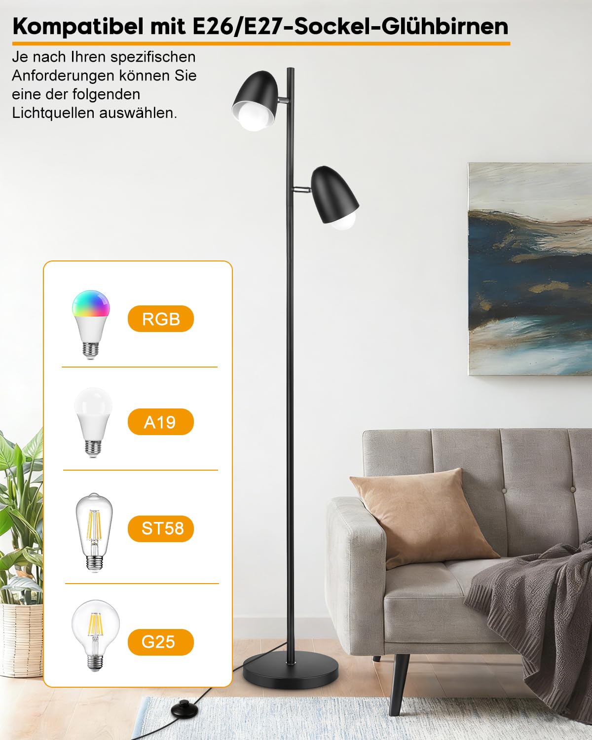 LED Stehleuchte mit 2 verstellbaren Köpfen, 170CM Wohnzimmer Stehlampe mit E27 Fassungen Max.60W, Industrial Leselampe (mit 2 Leuchtmittel) für Schlafzimmer Büro - Schwarz