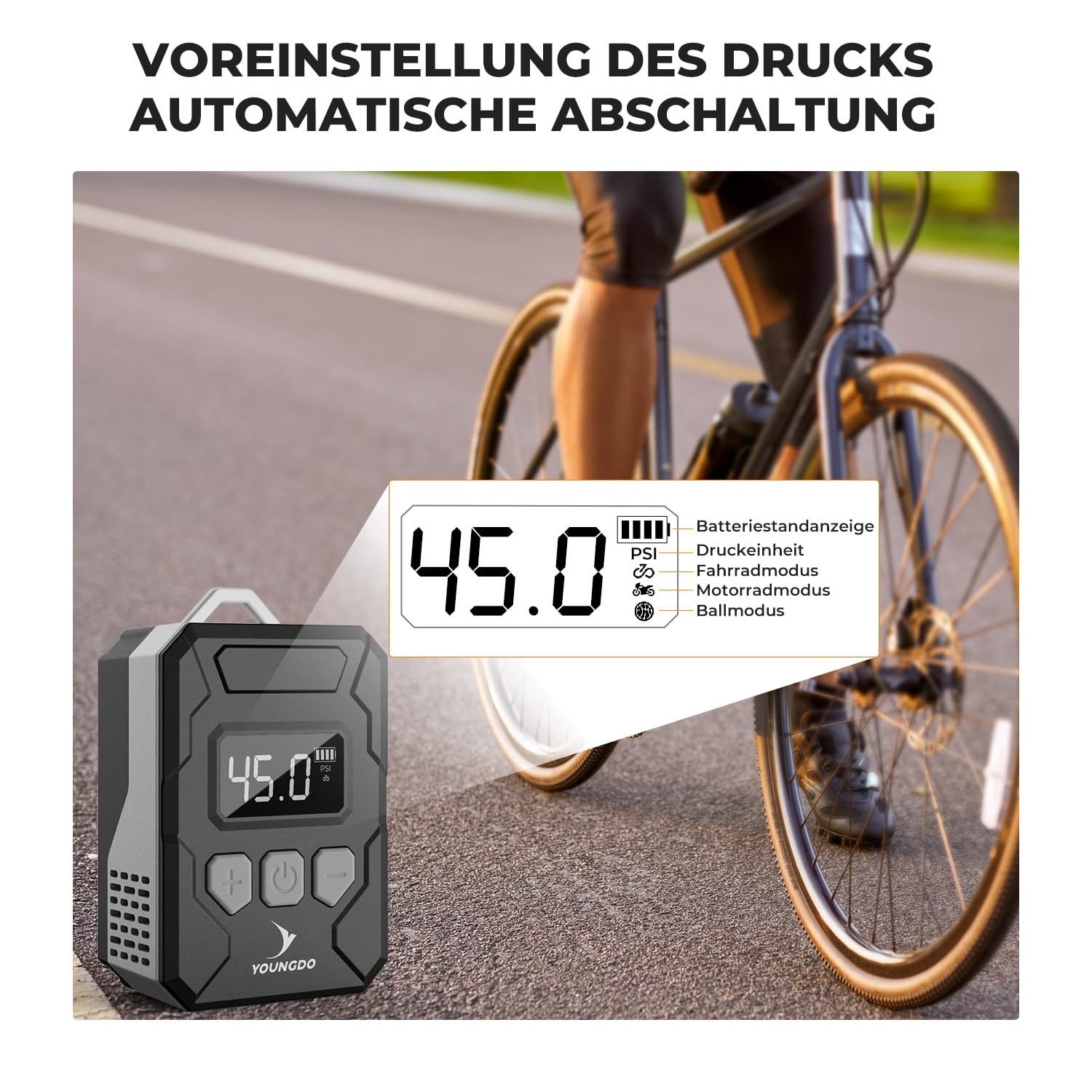 Mini Fahrradpumpe, YOUNGDO Fahrradpumpe Elektrisch 150PSI, 500mAh Akku Kompressor, Tragbare Luftpumpe Fahrrad, Echtzeit-Druckanzeige, mit Presta- und Schrader-Ventil