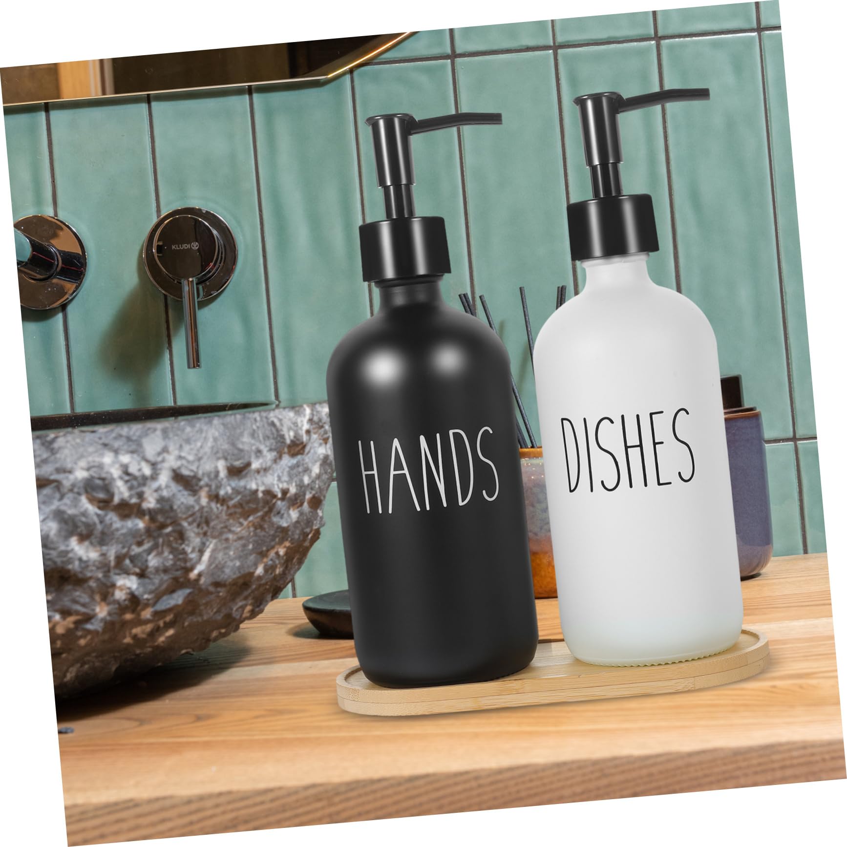 WOONEKY Set 1 Flacone Dosatore in Vetro 500ml con Pompa e Vassoio in Bambù, Ricaricabile, per Sapone Liquido in Cucina e Bagno