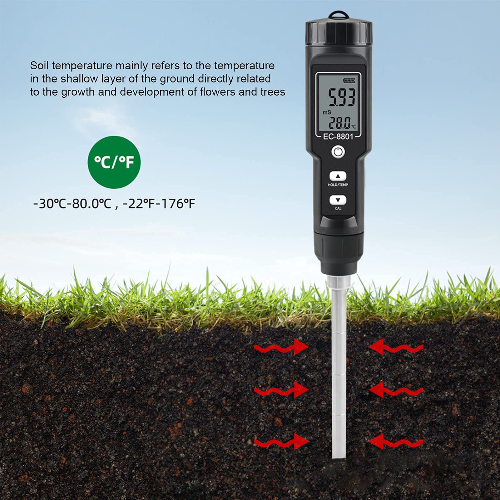 Fdit Medidor de EC, medición de Alta precisión de la conductividad y Temperatura del Suelo Medidor de EC del Suelo portátil para Laboratorio para plantación de Tierras agrícolas para Agricultura