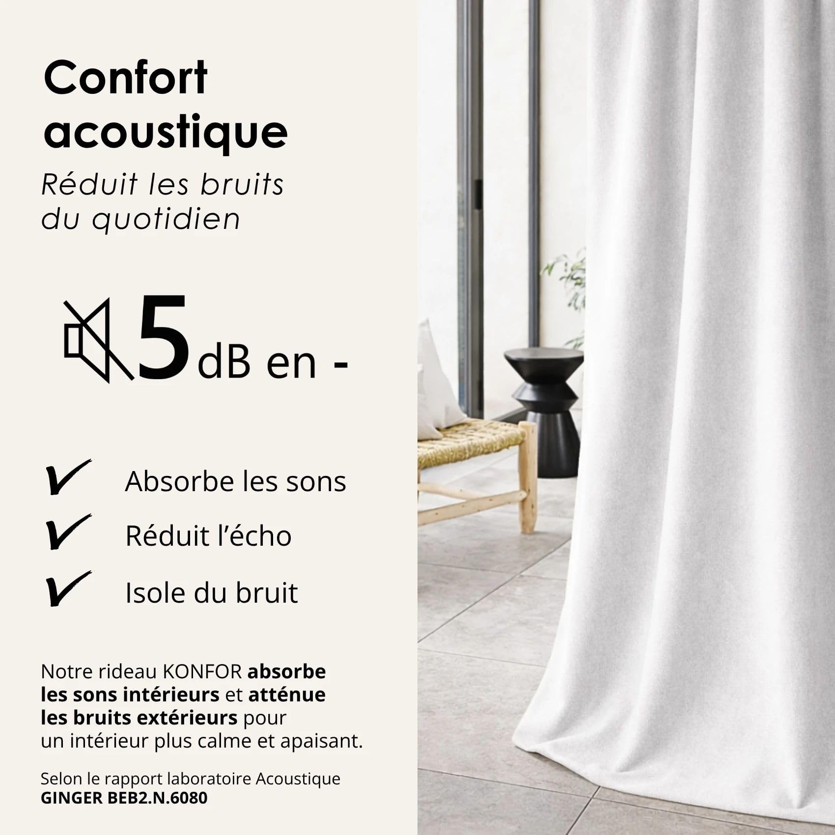 QABANE - Rideau Thermique Phonique et Semi Occultant KONFOR - Flanelle Polyester - Uni - Double Face - Isolation Thermique et Phonique - Réduction Bruit 5dB - Prêt à Poser - 140 x 260 cm - Blanc Cassé