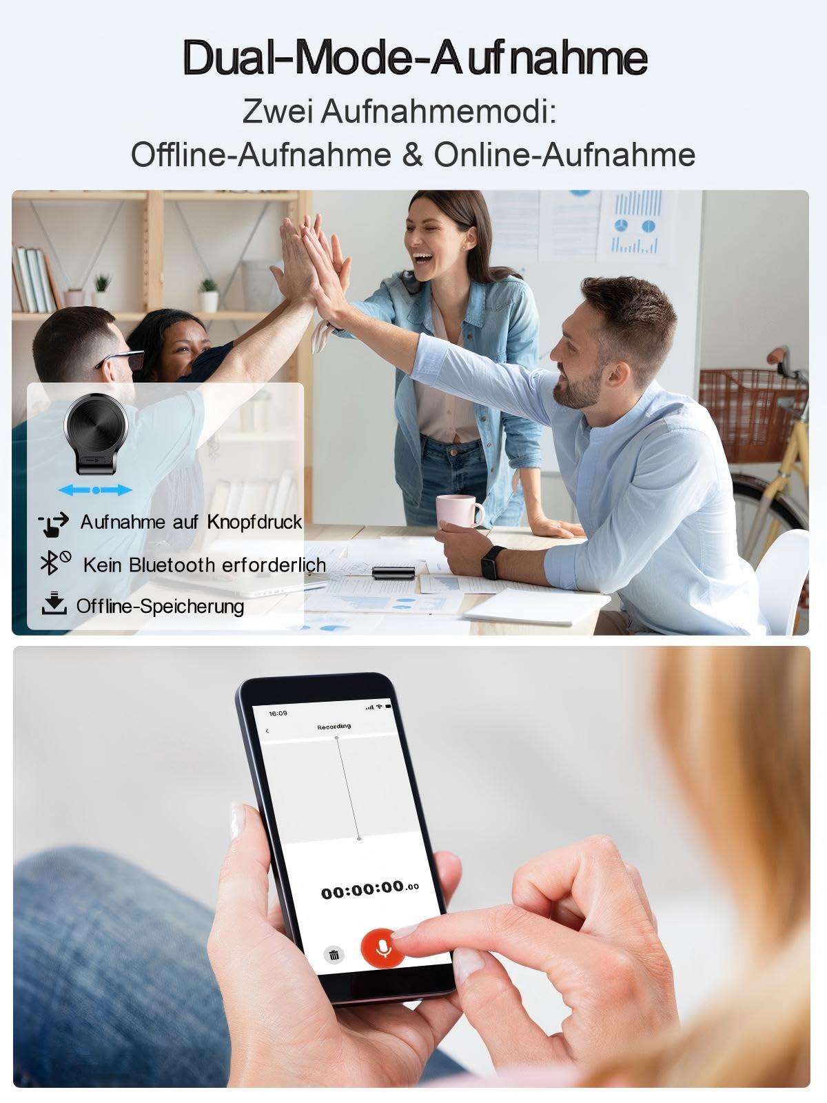 64GB magnetischer KI-Sprachrekorder mit App-Steuerung, Rauschunterdrückung, Spracherkennung, Zusammenfassung & Mindmapping – 58 Sprachen, ideal für Interviews, Vorträge & Meetings