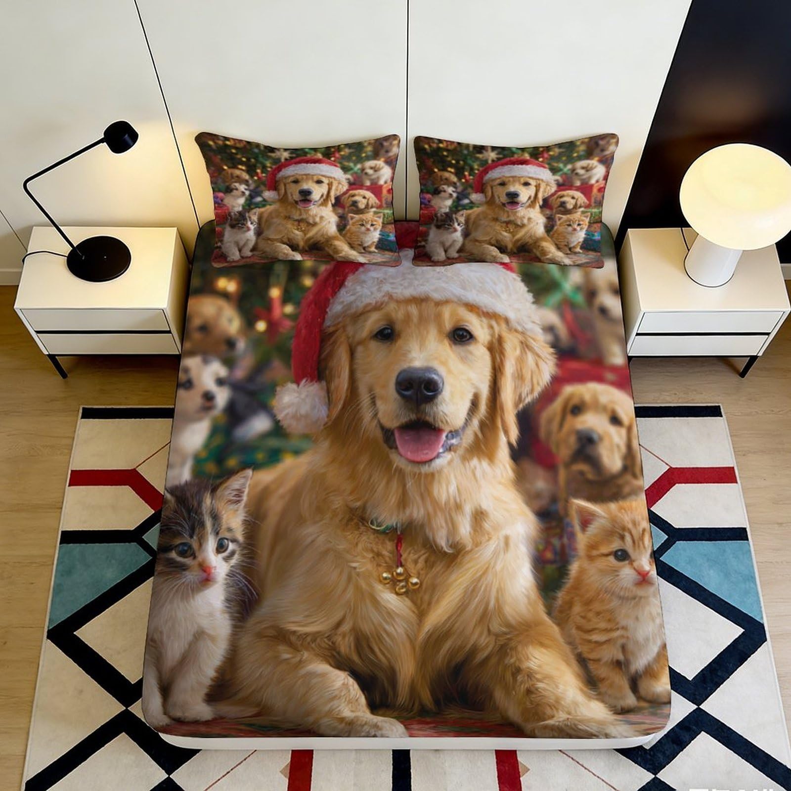 3D Printed Christmas Puppy Kitten Fitted Sheet Microfiber Soft Non-slip Mattress Cover for Bedroom Guest Room Decor 160x200x25cm