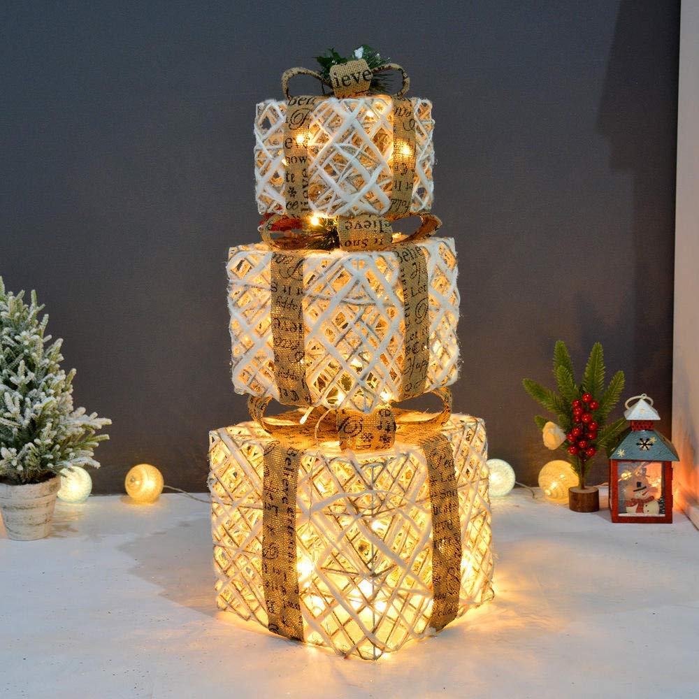 Ornamenti di Natale Scatole regalo, Set di 3 scatole regalo natalizie decorative in rattan LED, ferro, luci bianche calde, set di pacchi natalizi(A)