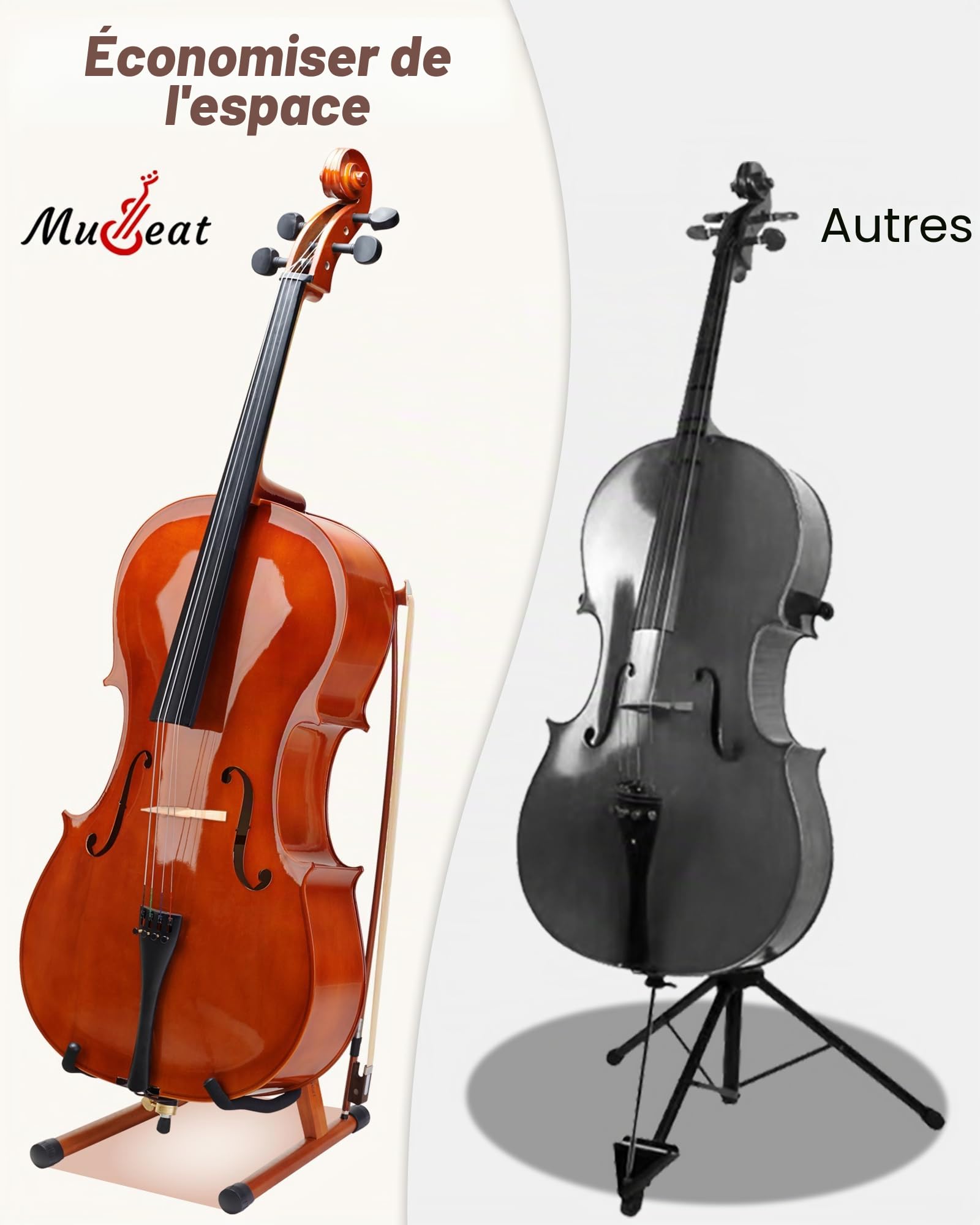 Support de violoncelle en forme de A avec mousse rembourrée, support de violoncelle en bois fabriqué à la main avec trou pour archet pour violoncelle, support en bois d'acajou pour violoncelle
