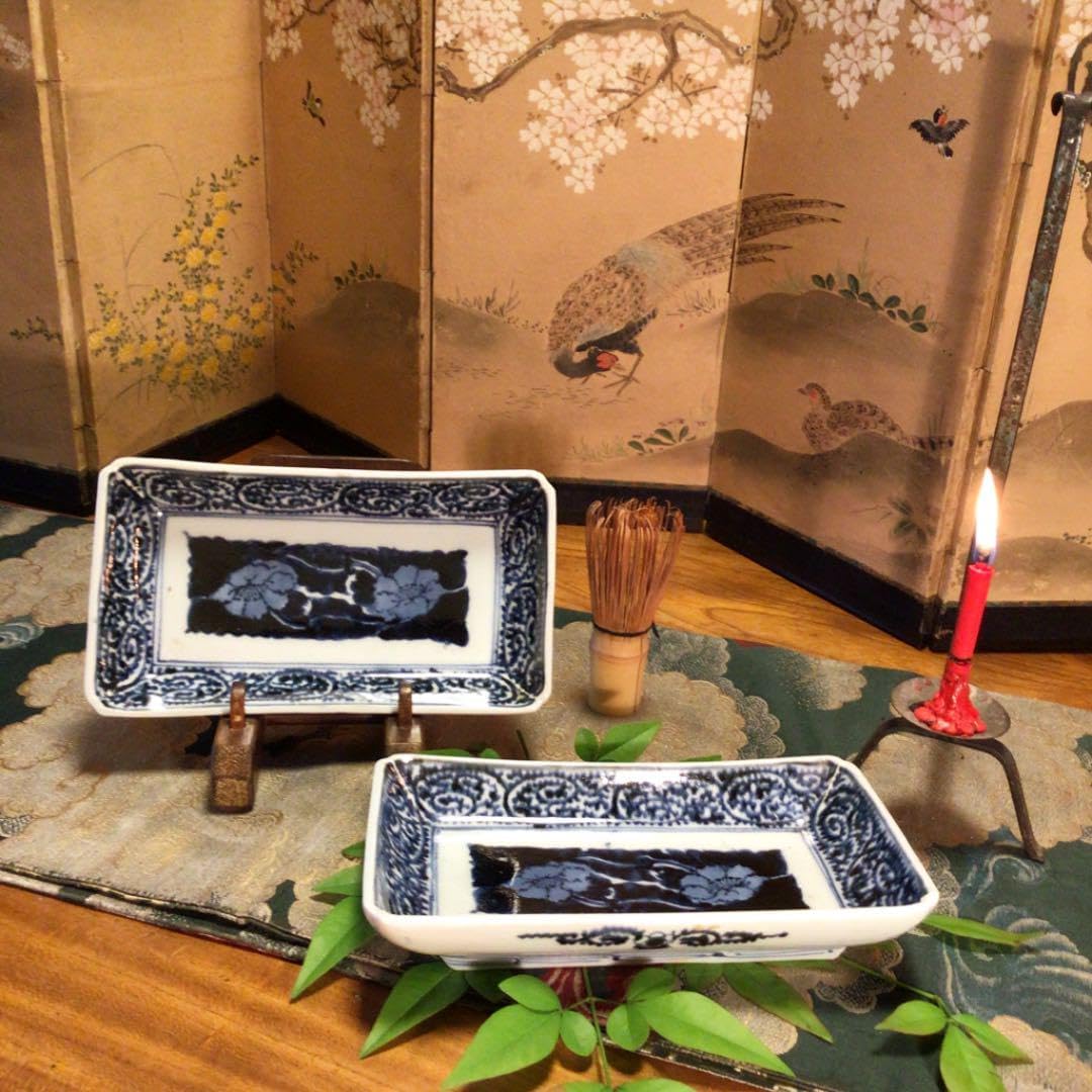 A582 古伊万里 染付 見込牡丹 タコ唐草紋様 隅入長皿 2枚 - WWW.OWR.COM.PY