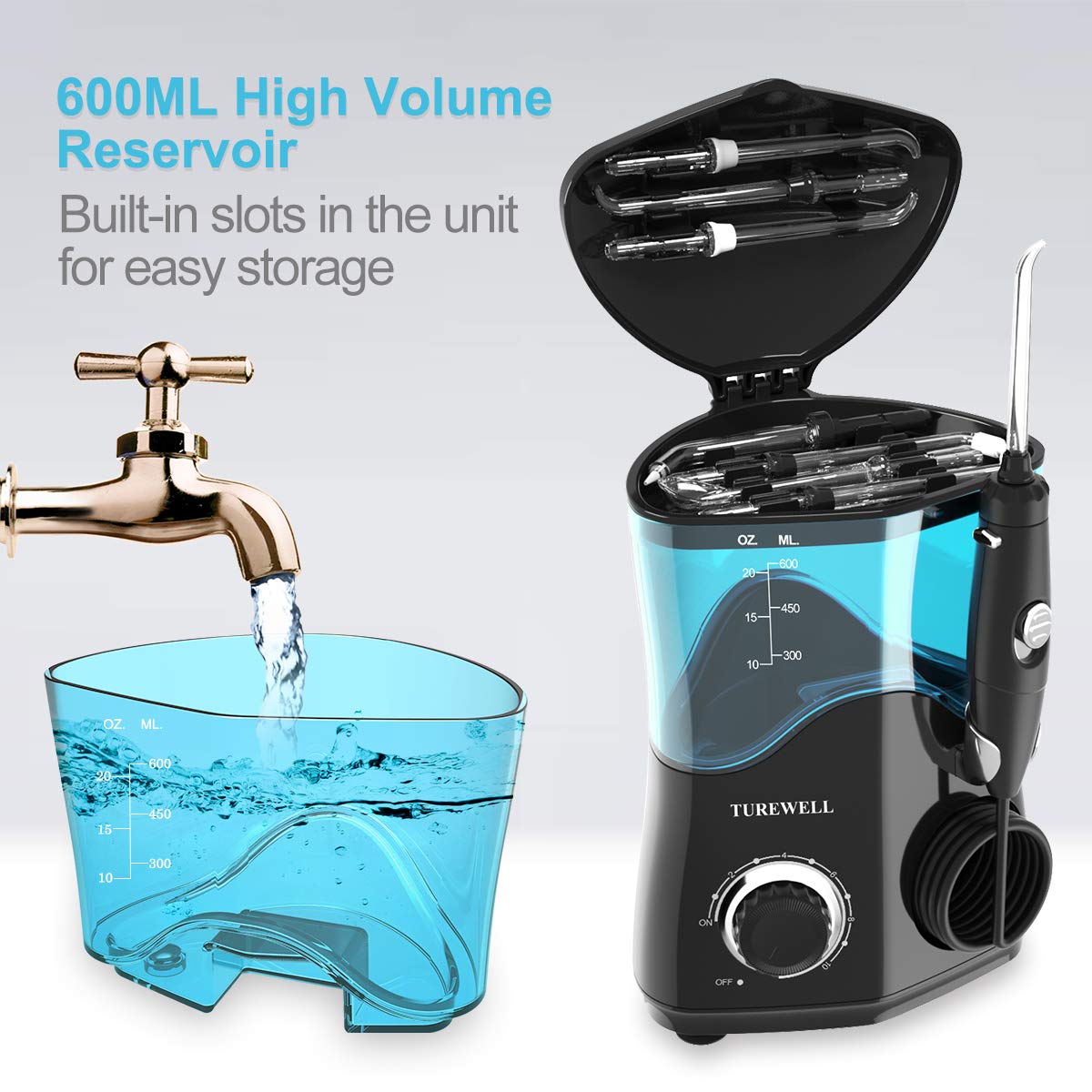 TUREWELL Idropulsore Dentale con 8 Ugelli Multifunzione, 10 valori nominali di pressione dell'acqua regolabili, pulsazioni ad alta frequenza con capacità di 600ml (Nero)