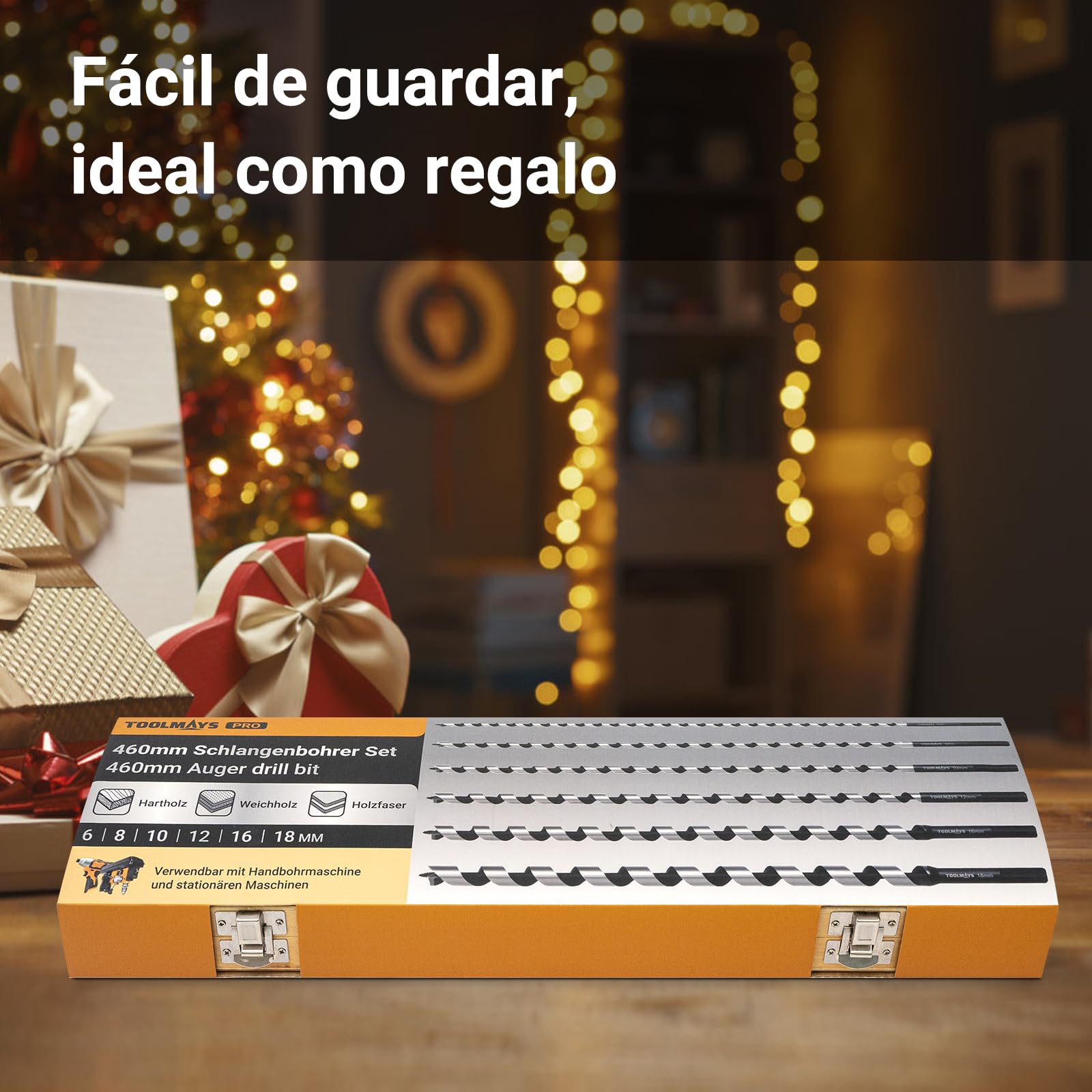 Brocas para Madera Ø6-18 x 460 mm 6 pcs | Broca Helicoidales Larga con Vástago Hexagonal 6, 8, 10, 12, 16 y 18 mm, Incluye Estuche para Madera Blanda y Dura