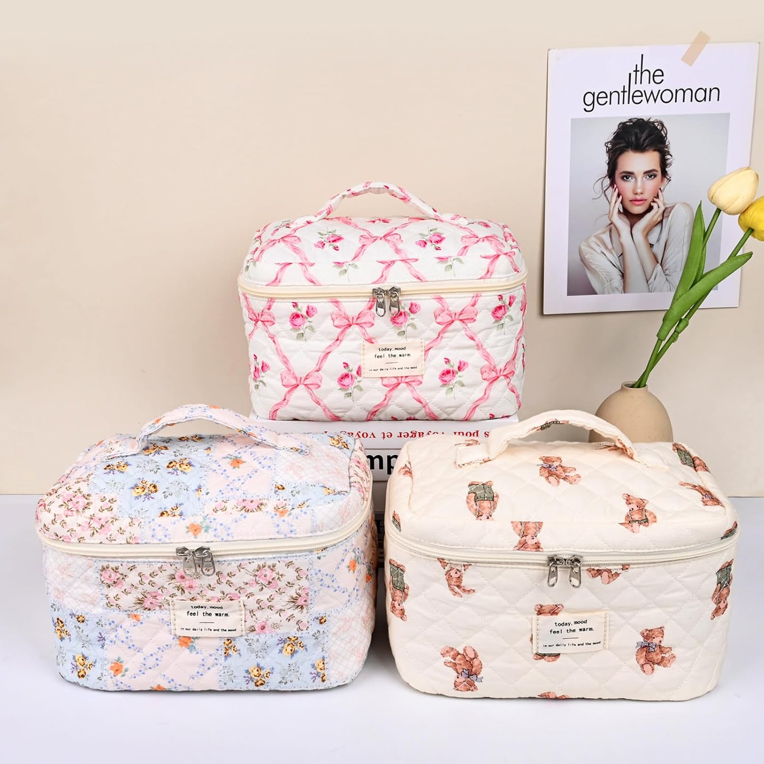 Quilted Makeup Bag,Large Cosmetics Bag Set,Cotton Coquette Floral Make up Pouch,Travel Toiletry Bag for Women - Image 6