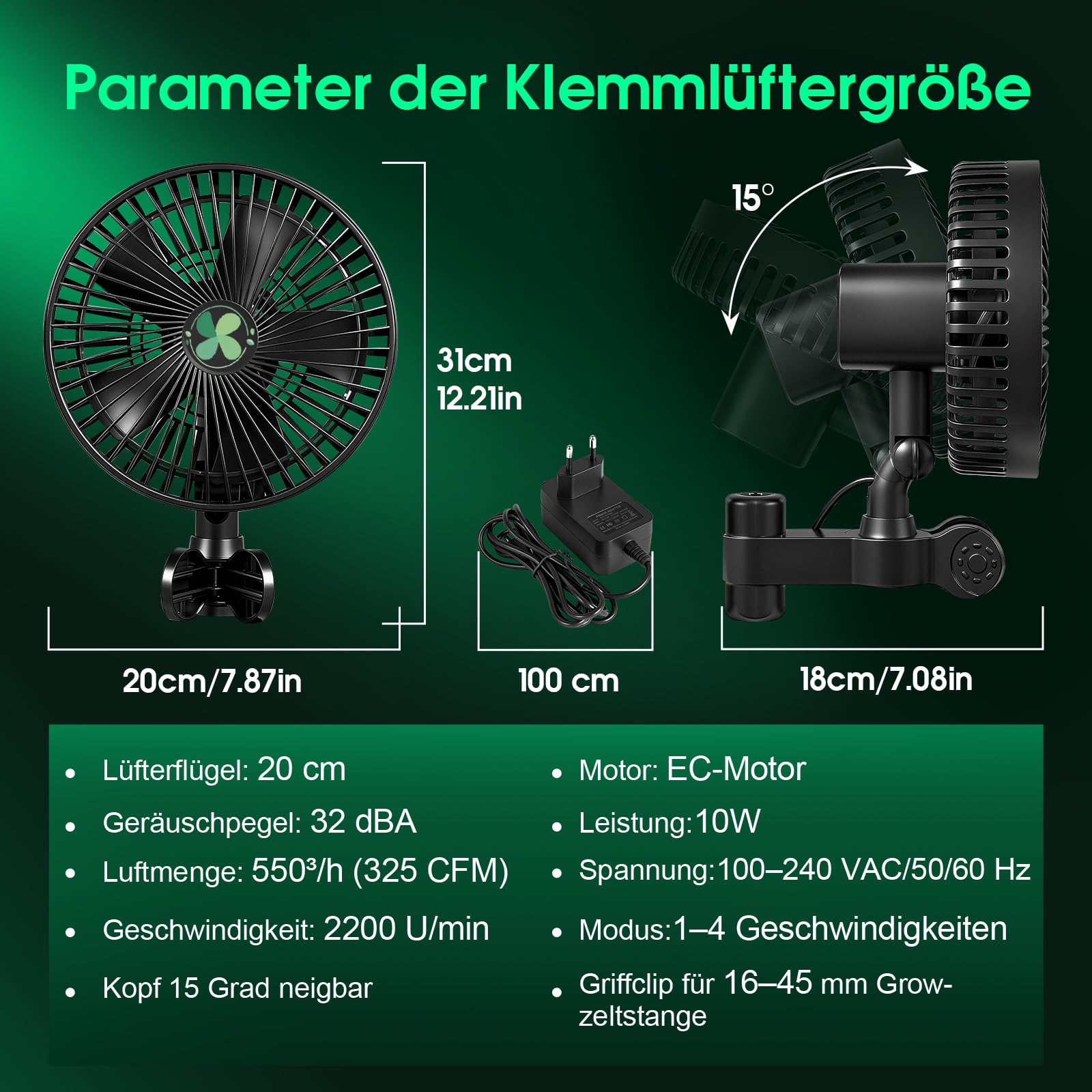 Grow - Ventilador oscilante, con motor EC duradero, 4 velocidades de viento, rotación de 180°, resistente a la intemperie, IP54, bajo ruido para refrigeración de circulación en hidroponía (2