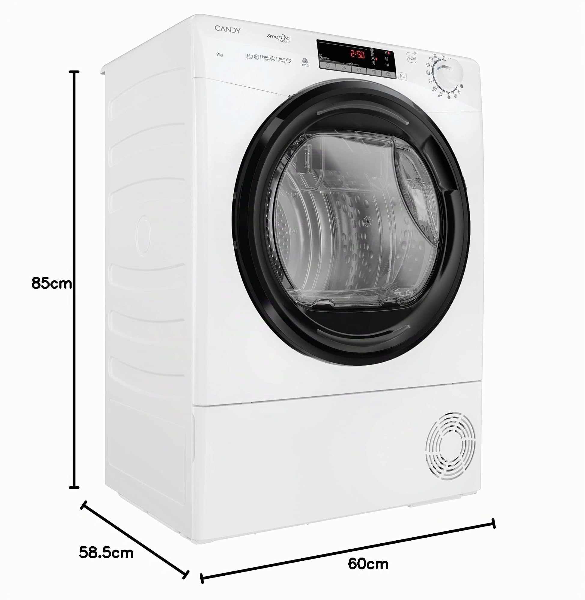 Candy Smart Pro Inverter, CRO EH9N4TBE-S, Asciugatrice 9KG con Motore Inverter, Classe B, 63dB, 14 + Oltre 40 Programmi aggiuntivi via app hOn, Bianco, AxLxP (cm): 85x59,6x58,5