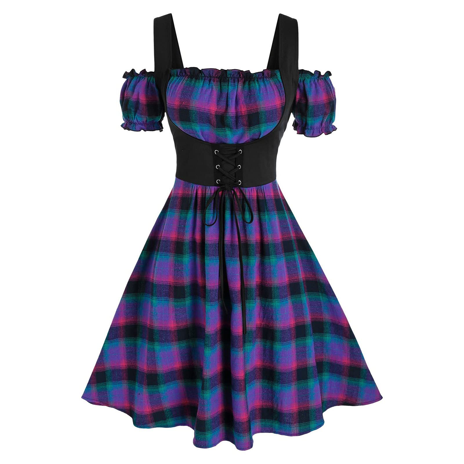 MisakyWomen's Oktoberfest Costume Bavarian Plus Size Plaid Lace-up Open Shoulder A Line Dress