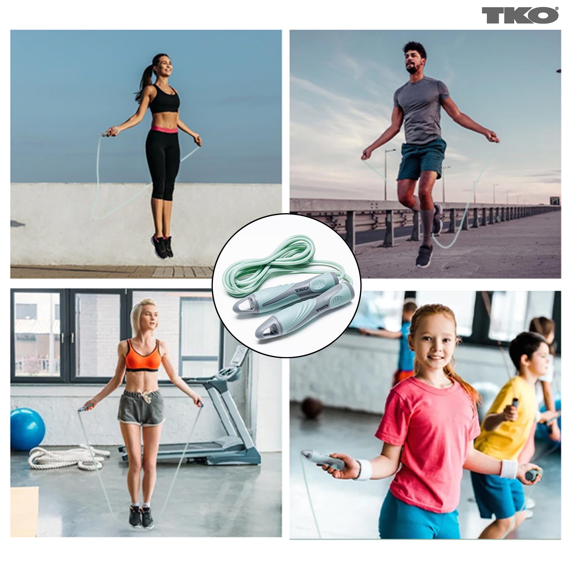 TKO Corde à sauter avec poignée ergonomique, corde à sauter en PVC sans nœuds, longueur réglable, cordes à sauter pour le fitness pour femme (menthe)