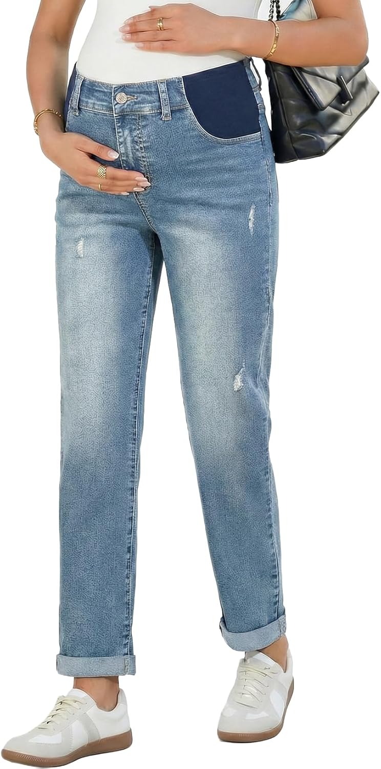 BLENCOT Women Maternity Jeans Elastic Waist Skinny Cuffed Ripped Pregnancy Cropped Pants