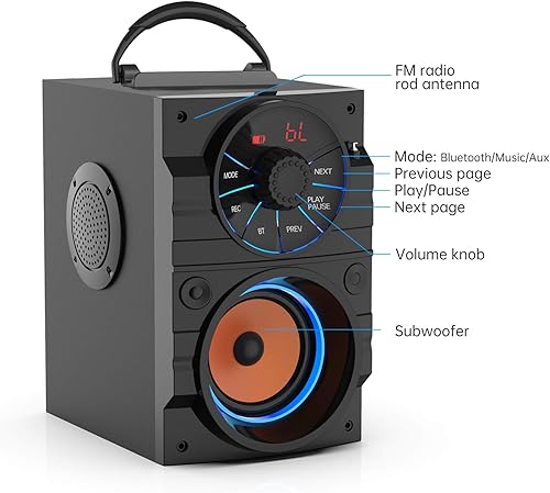 Miniatura 6 de Portable Big Bluetooth Speakers with Light, Wireless with Subwoofer, FM Radio, LED Lights, EQ, Booming Bass, Bluetooth 4.2 Stereo Loud