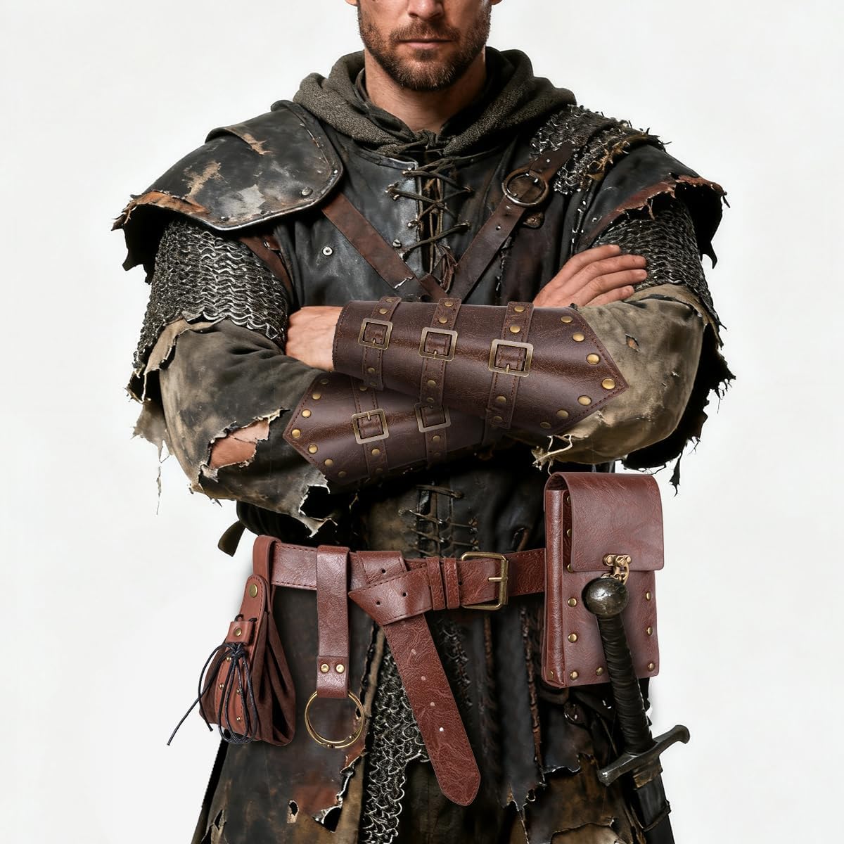 Medieval Renaissance LARP Belt Leather Belt Bag Potion Bottle Holder and Adjustable Arm Guards for Cosplay Halloween - Image 6