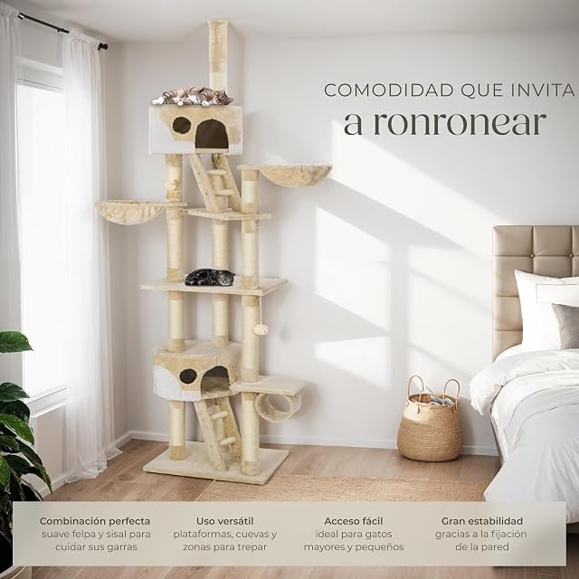 Foto 3 de 8 de tectake® Árbol para Gatos Rascador, 2 Casetas, Varias Alturas, 3 Plataformas, Protección Antivuelco, Cama…