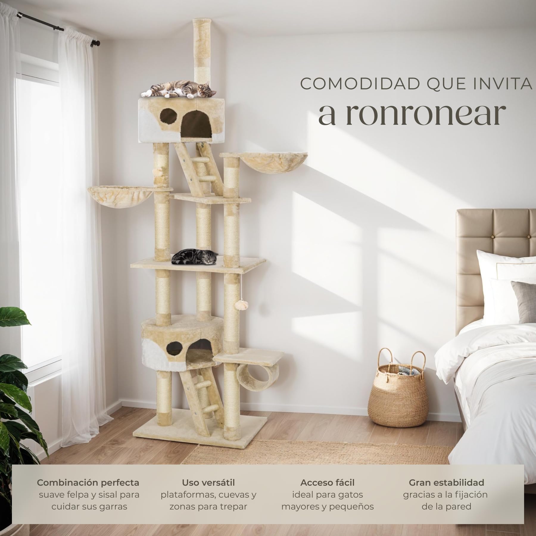tectake® Árbol para Gatos Rascador, 2 Casetas, Varias Alturas, 3 Plataformas, Protección Antivuelco, Cama Gatos, Juguetes para Gatos, Rascadores para Gatos, Torre Gatos - Beige/Blanco
