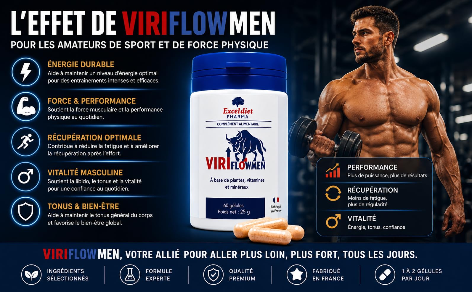ViriflowMen – Complément Alimentaire Homme | Libido, Énergie Masculine, Vitalité & Endurance | Arginine, Citrulline, Ginseng, Maca, Kola, Gingembre | Vitamine B12 & Minéraux | 60 Gélules