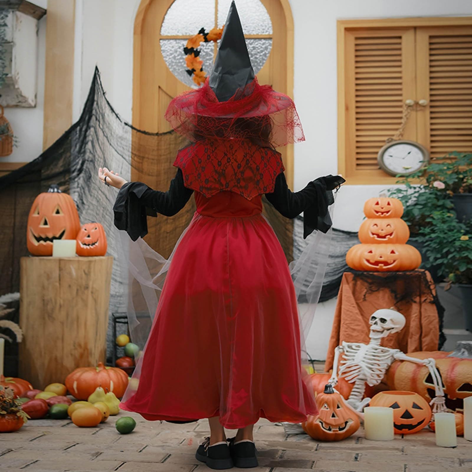 Generisch Disfraz de bruja para niña, disfraz de Halloween | Bata larga negra con capucha, cinturón, manga larga, para teatro y desfiles de Halloween