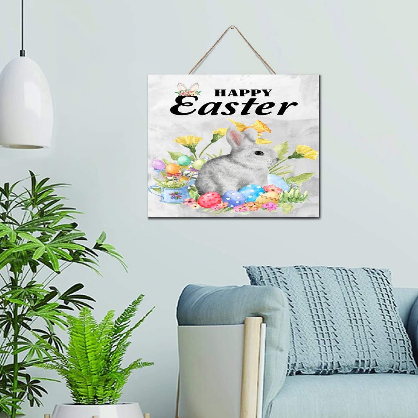 Suspension Happy Easter Bunny Rabbit déco murale bois salon 25x30 - 6