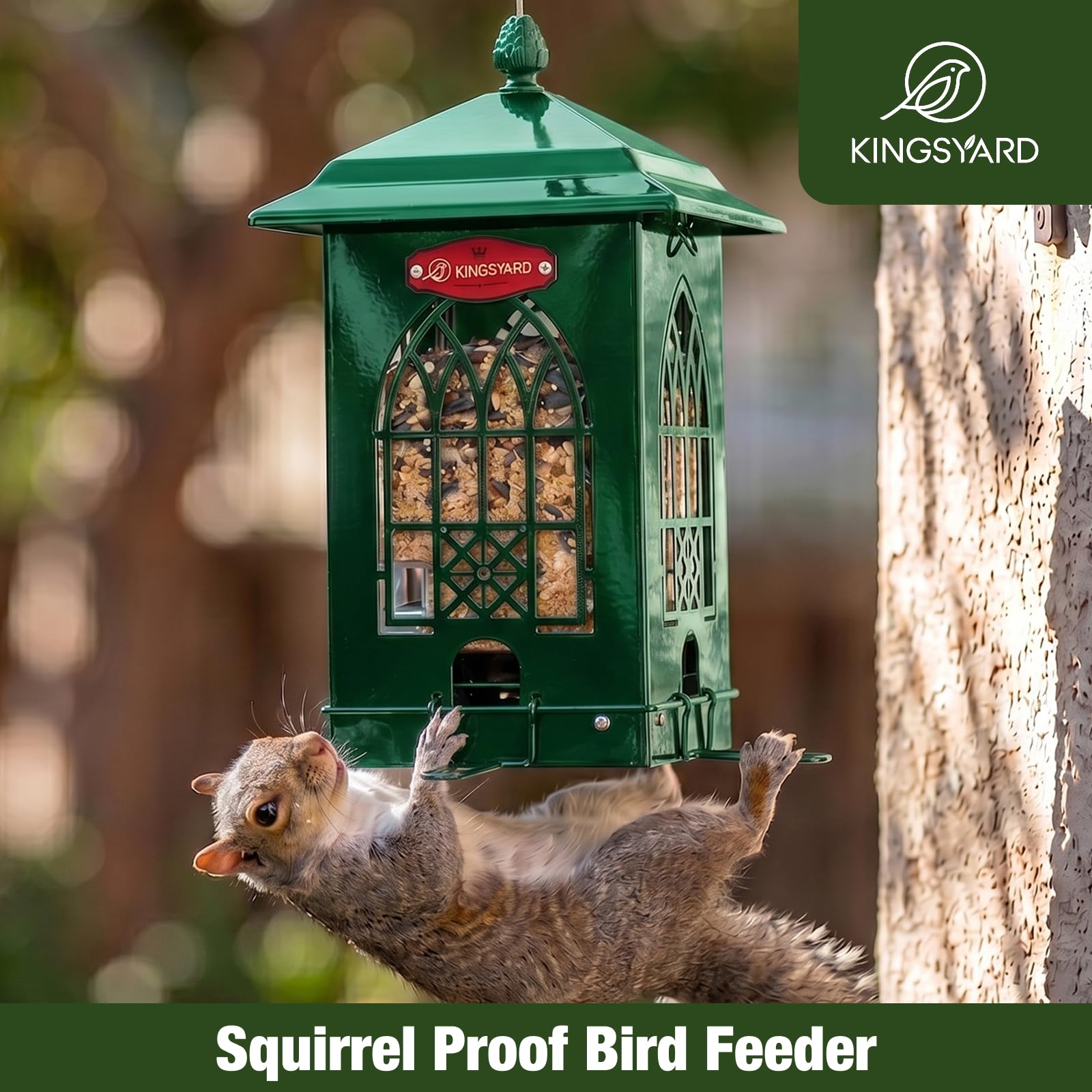 Kingsyard Comedero para pájaros a prueba de ardillas para exteriores con perchas activadas por peso, capacidad de 5 libras, comedero de metal grande para pájaros silvestres pequeños, pinzón cardenal