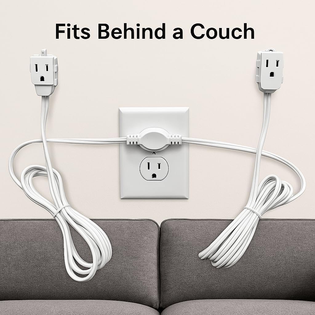 12 Ft Twin Extension Cord – Low Profile Flat Plug with 6 Outlets, 6 Ft on Each Side – ETL Listed Indoor Power Splitter for Home, Office, Bedroom – White